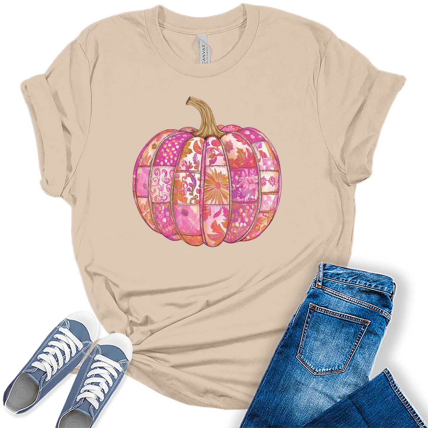 Women's Pink Pumpkin Patch Flower Fall Thanksgiving Graphic Tees