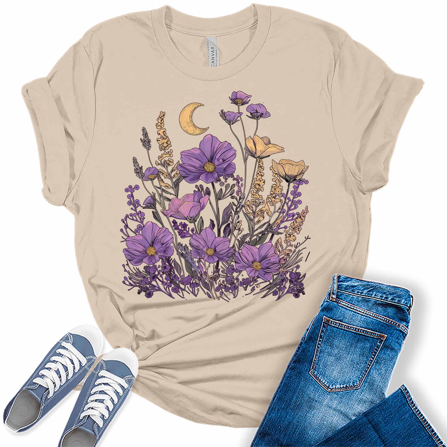 Cottagecore Shirt Vintage Floral Graphic Tees for Women Aesthetic Floral Crescent Moon T Shirt