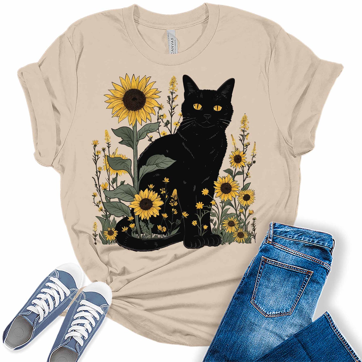 Womens Sunflower Cat Shirt Boho Tops Vintage Trendy Oversized Graphic Tees