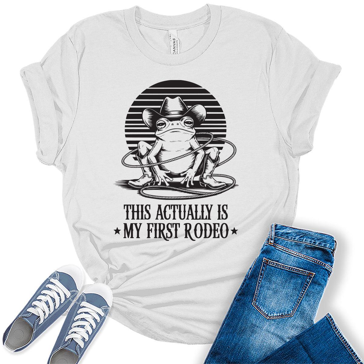 Women's Funny Western Frog Shirts For Teens This Is My First Rodeo Graphic Tees Bella Plus Sized Tops