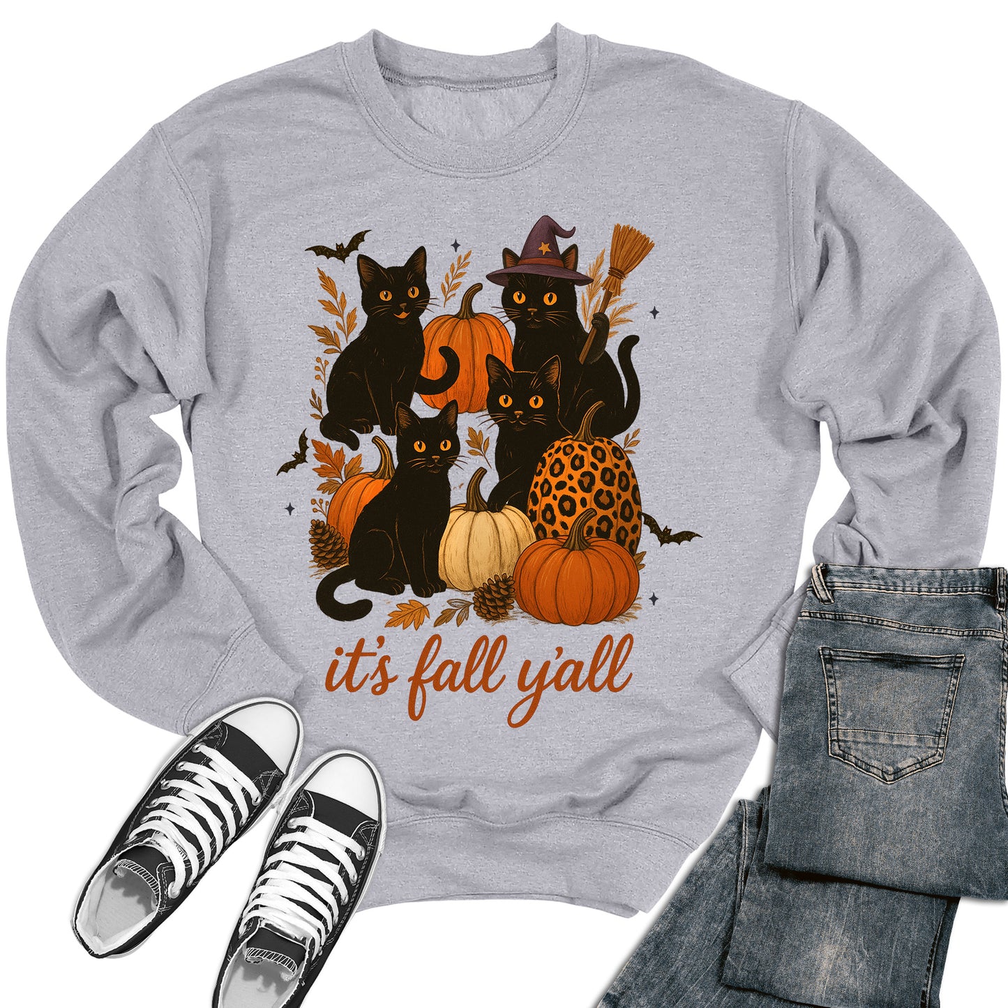 Women's It's Fall Y'all Pumpkin Cat Crewneck Sweatshirt