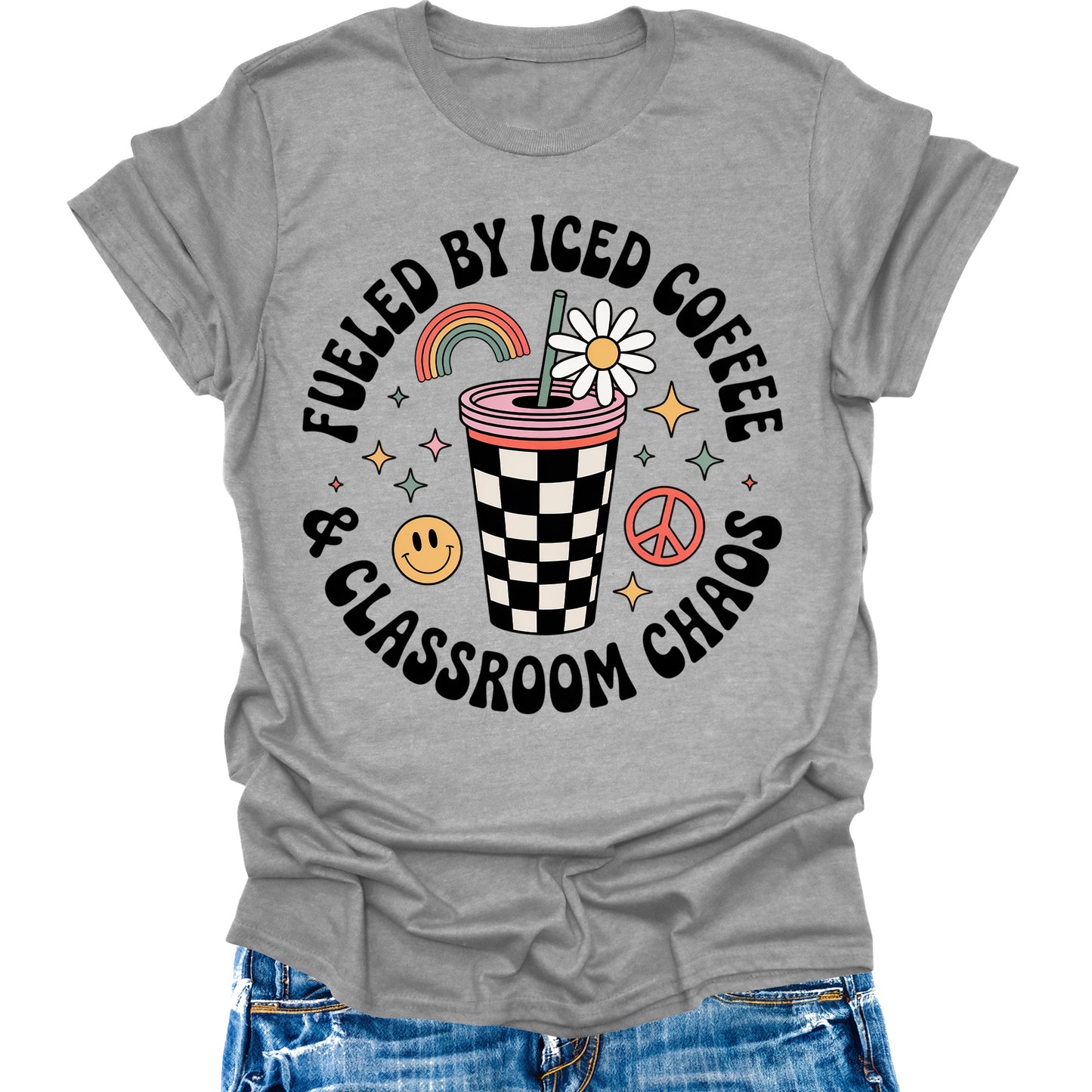 Fueled By Caffeine and Chaos Teacher Shirt Retro Vintage Funny Back to School Graphic Tees Womens Tops
