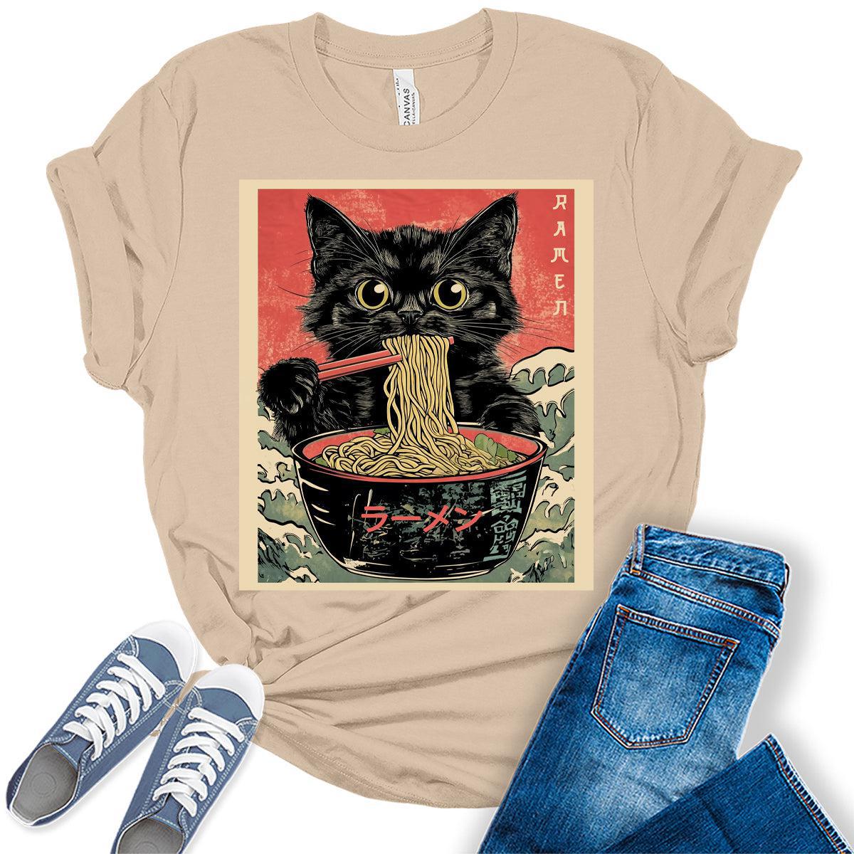 Cat Ramen Japanese Funny Graphic Tees Kawaii Cat Anime Gifts Women's T-Shirt