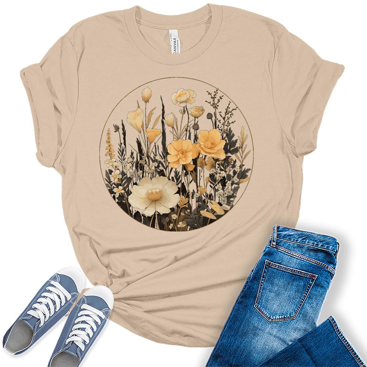Floral Shirts Womens Graphic Tees Vintage Wildflower Spring Cottagecore T Shirts Bella Summer Tops