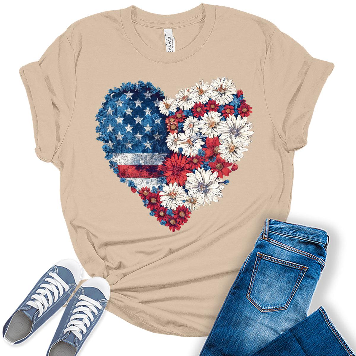 Floral Hearth USA Flag 4th Of July Patriotic Graphic Tees for Women