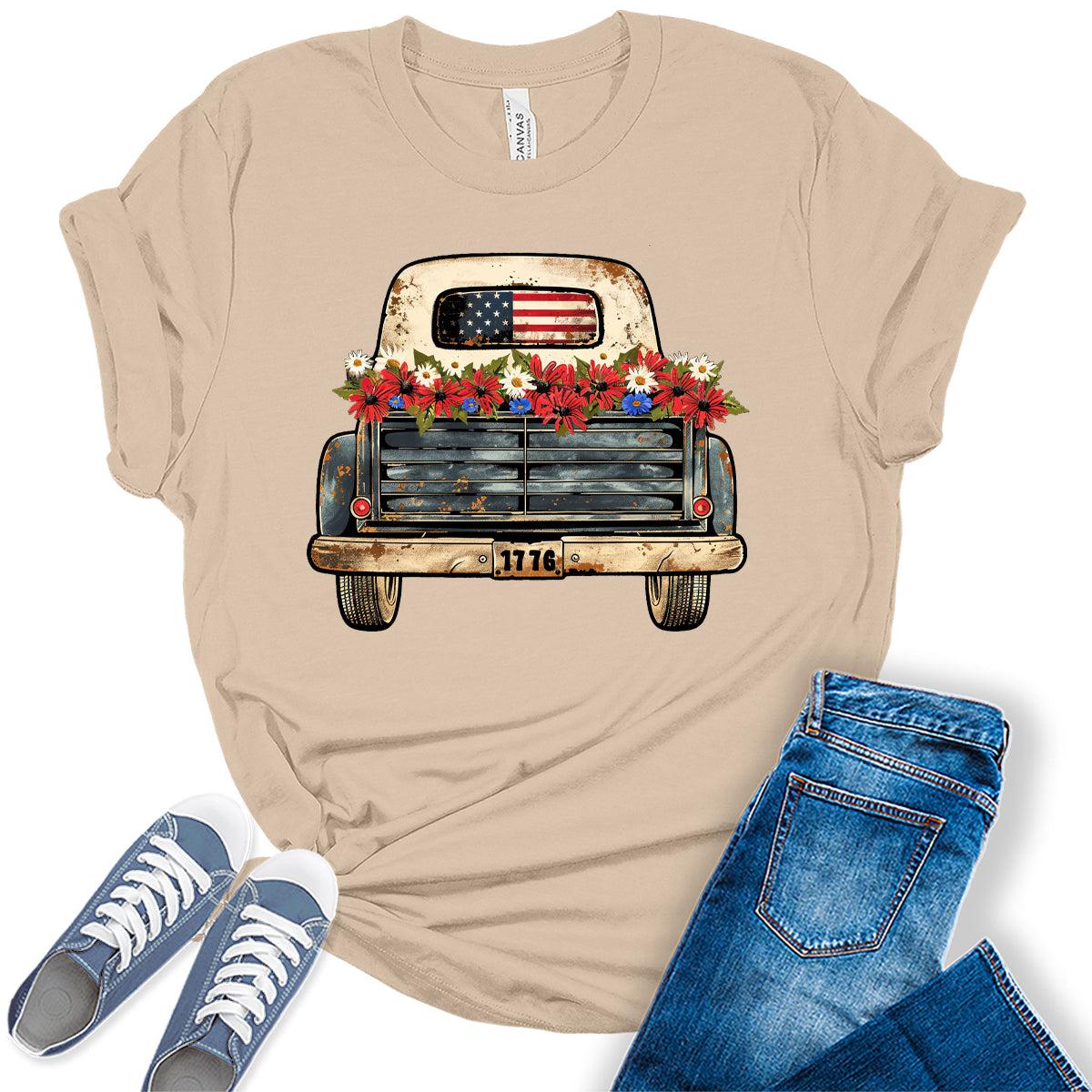 Patriotic Vintage Truck American Flag Graphic Tees for Women
