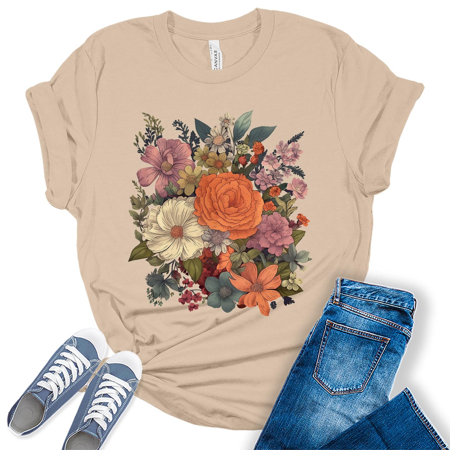 Women's Vintage Floral Fall T Shirt Boho Wildflower Cottagecore Graphic Tees Short Sleeve Casual Tops