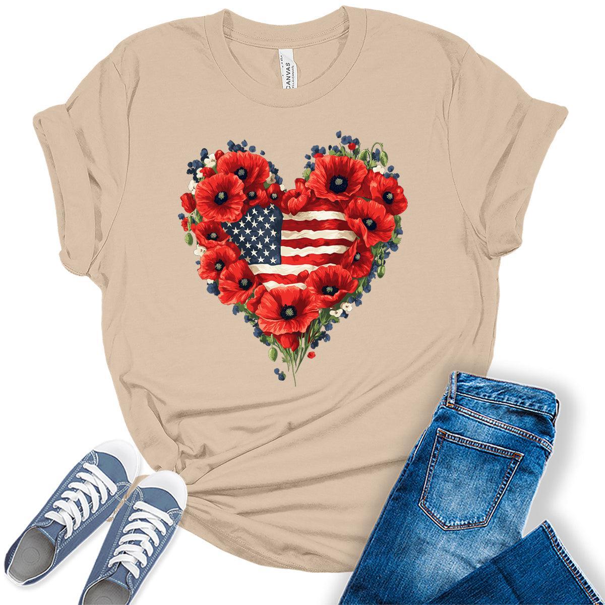 Poppies Heart 4th of July Shirts For Women Patriotic Flag Graphic Tees Floral Heart Bella Plus Sized Tops