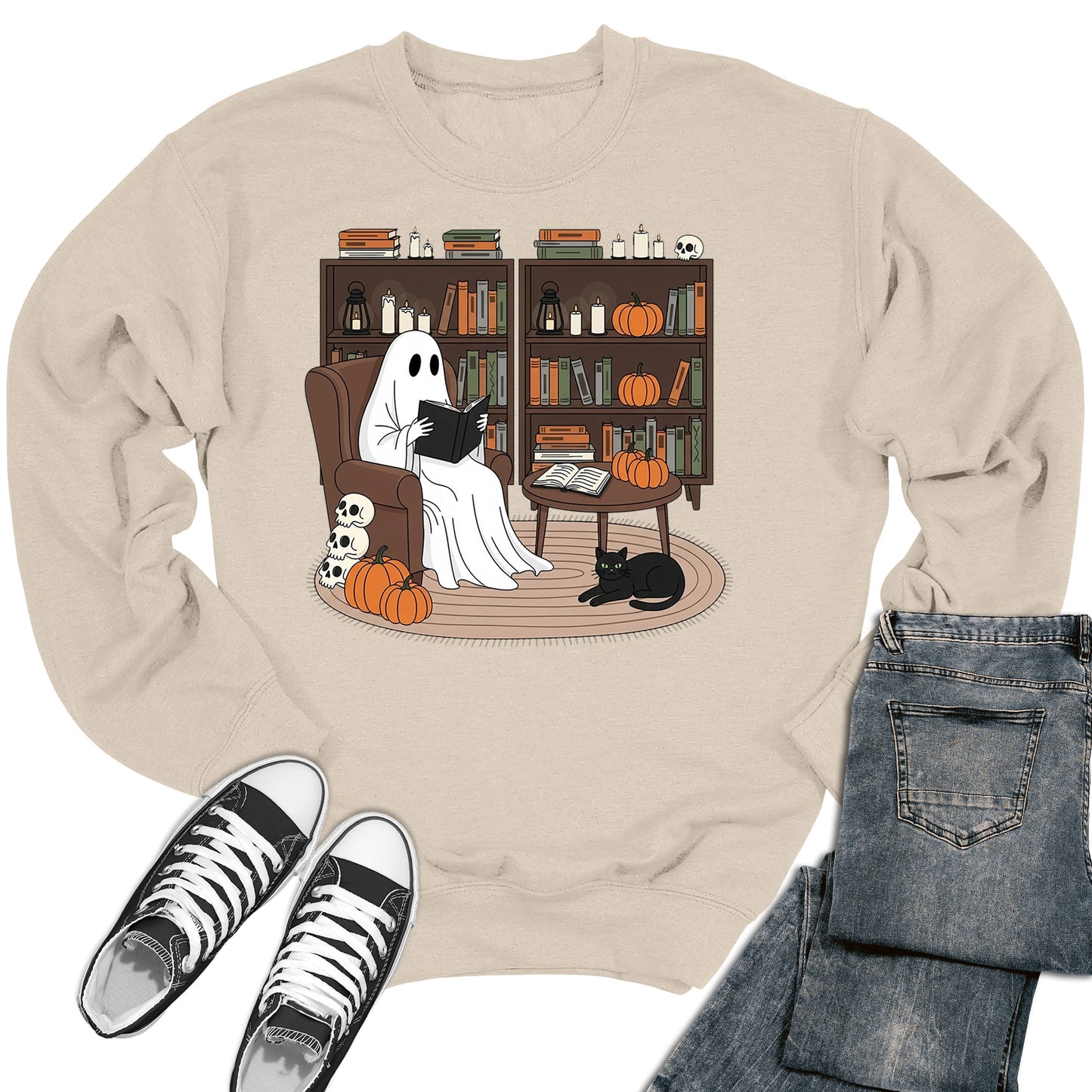 Women's Halloween Cute Ghost Reading Crewneck Sweatshirt
