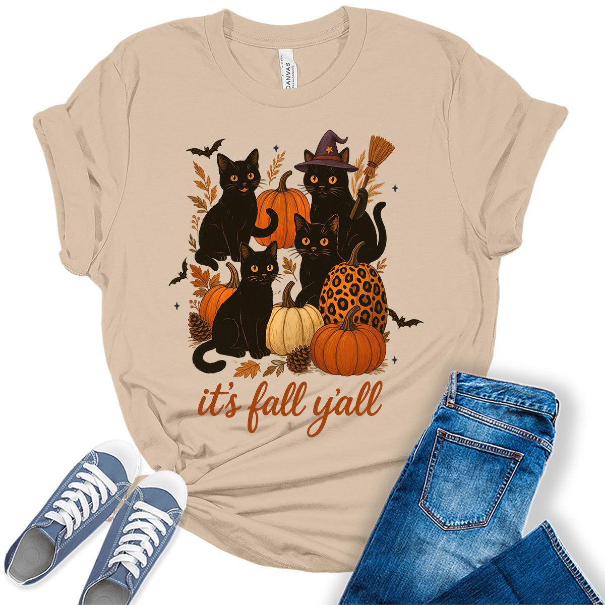 It's Fall Y'all T-Shirt Vintage Cat Shirt for Women Pumpkin Boho Tops Halloween Graphic Tee