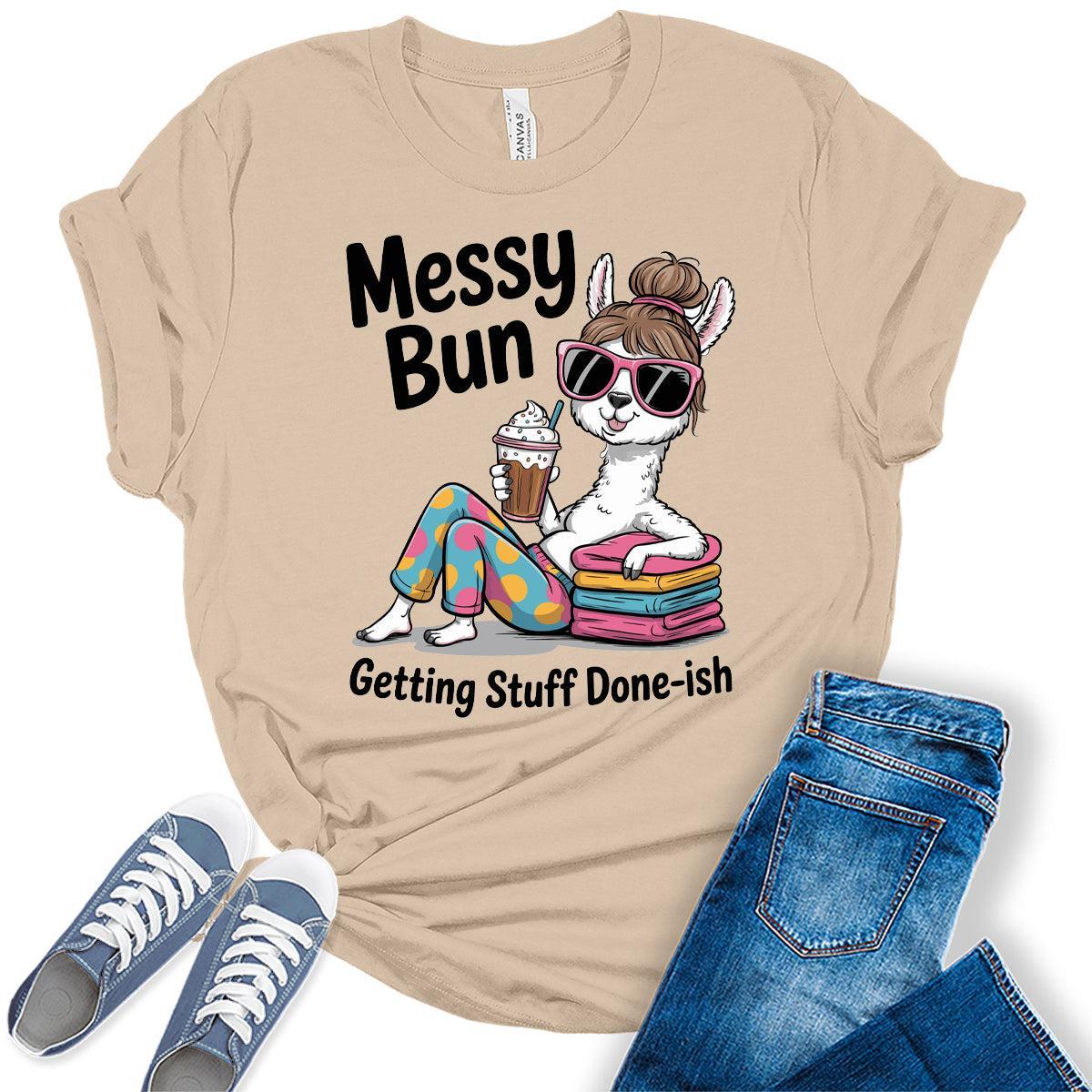 Women's Funny Messy Bun Graphic Tees Bella Plus Sized Tops