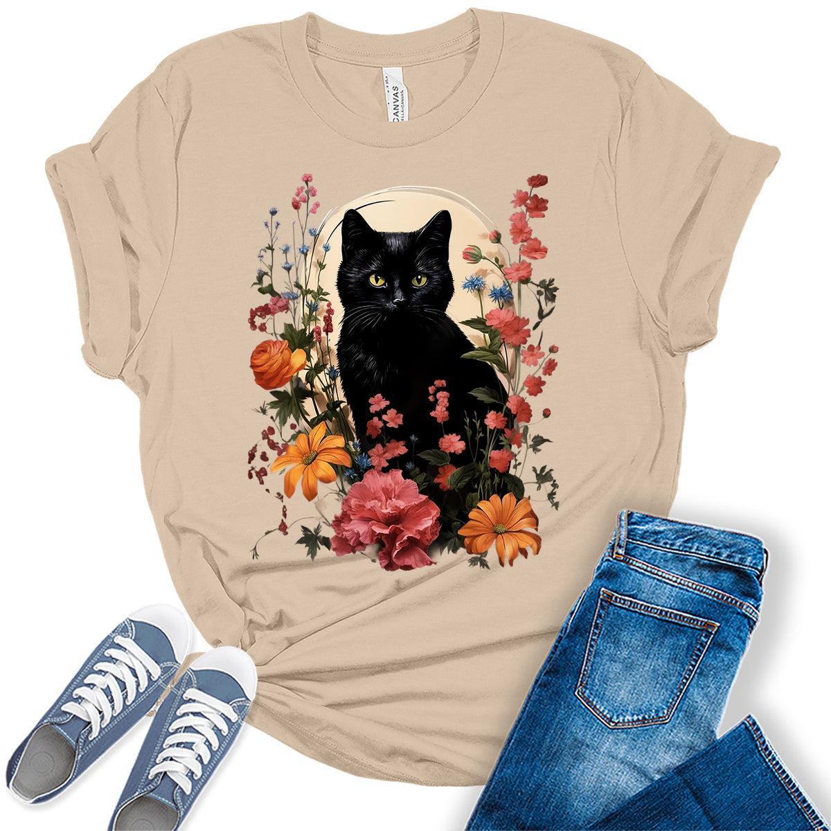 Womens Cat Shirts Wildflower Vintage Spring Graphic Tees Spring Cottagecore T Shirts Bella Summer Tops