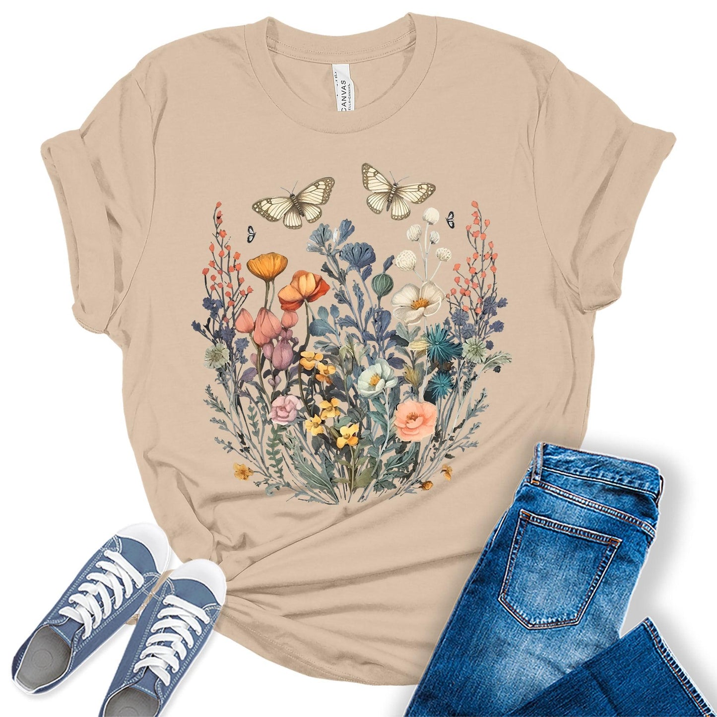 Women's Vintage Floral T Shirt Boho Wildflower Butterfly Cottagecore Graphic Tees Short Sleeve Casual Tops