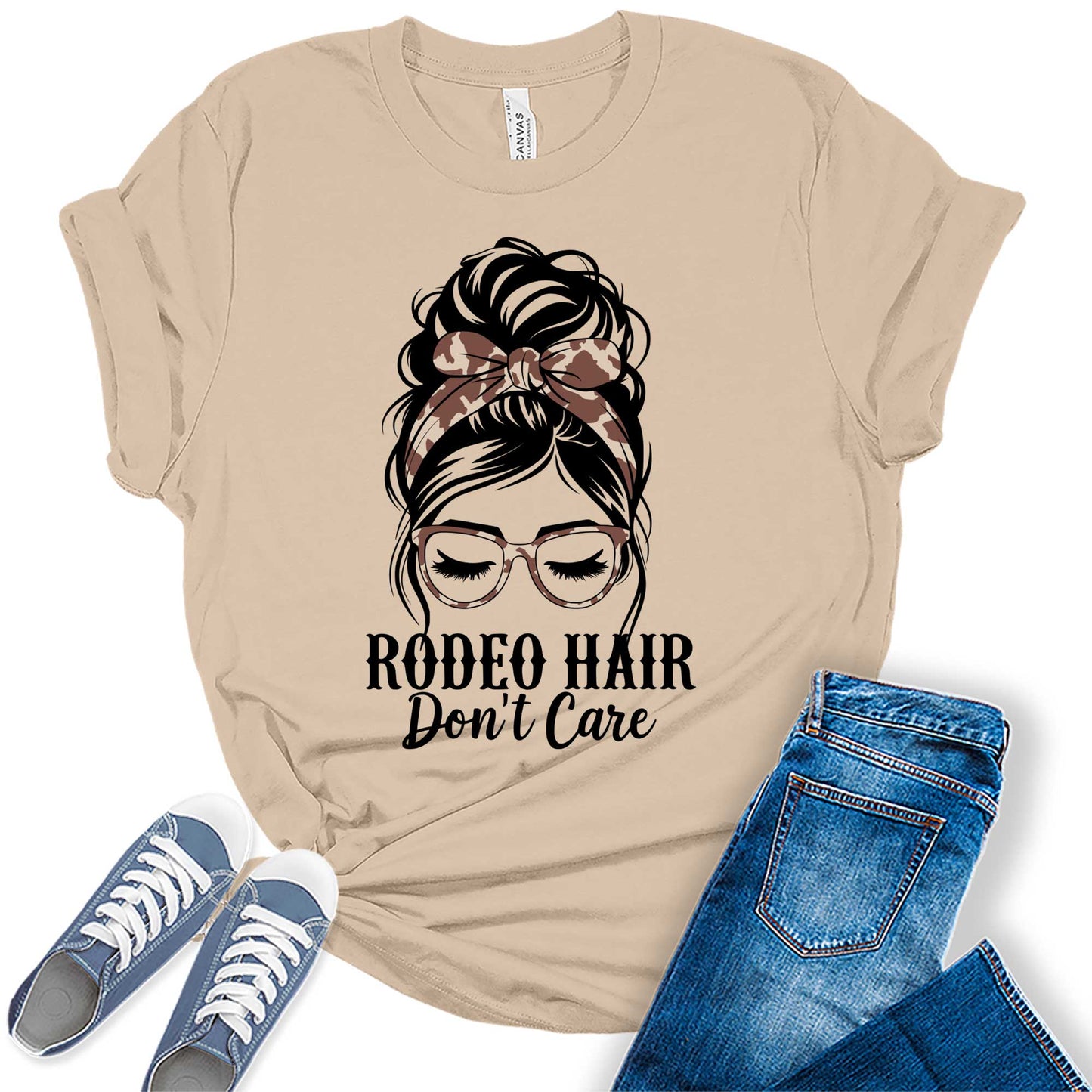 Western Outfit For Women Summer Rodeo Hair Don't Care Messy Bun Graphic Tees Bella Plus Size Tops