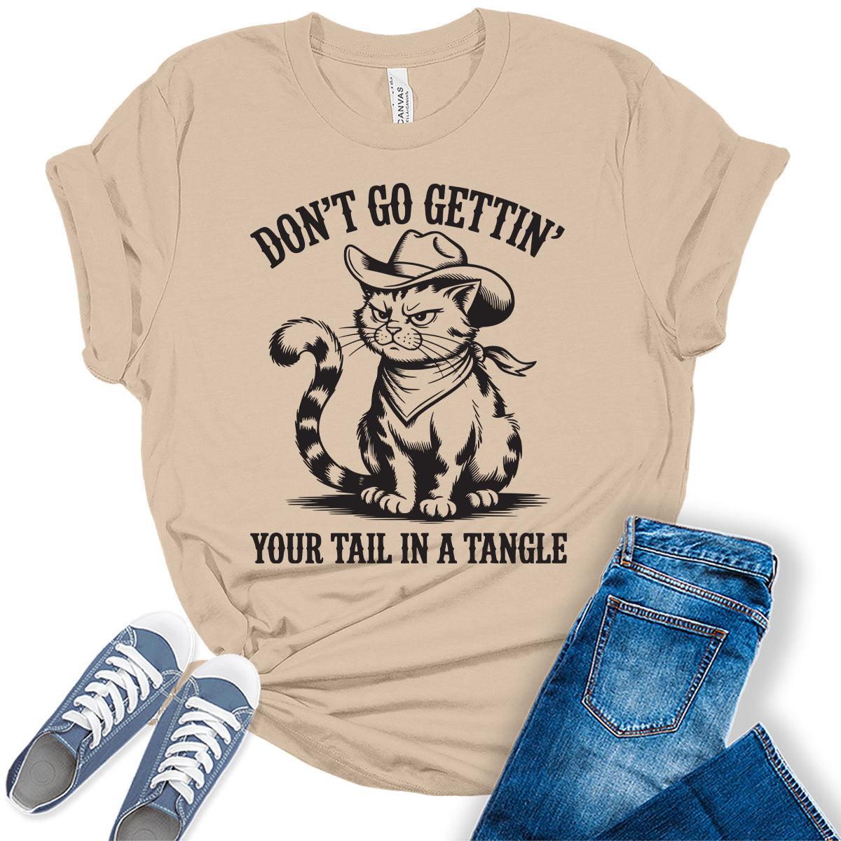 Women's Funny Cat Shirts For Teens Western Tail In Tangle Graphic Tees Bella Plus Sized Tops
