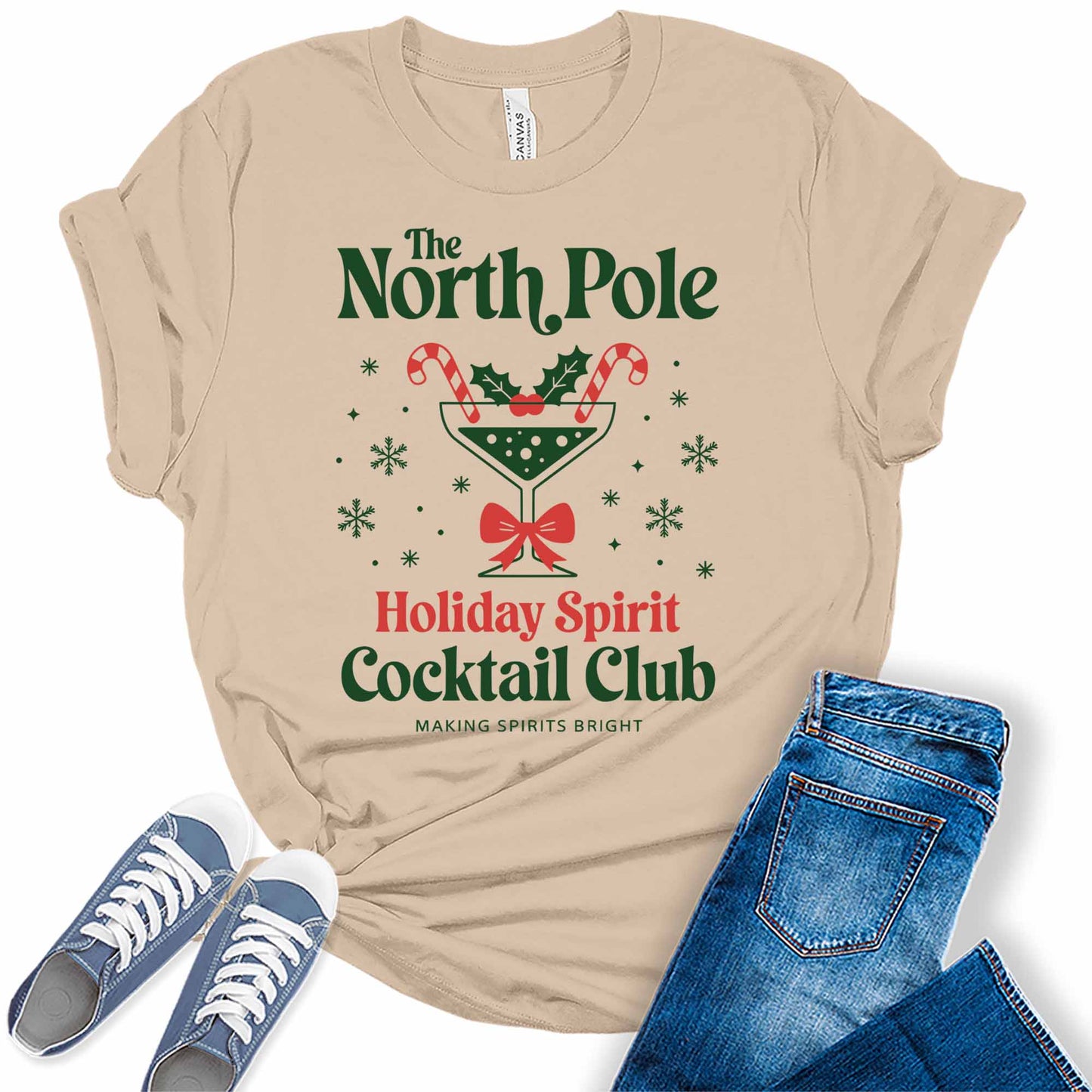 Women's North Pole Holiday Spirit Cocktail Club Christmas Graphic Tees