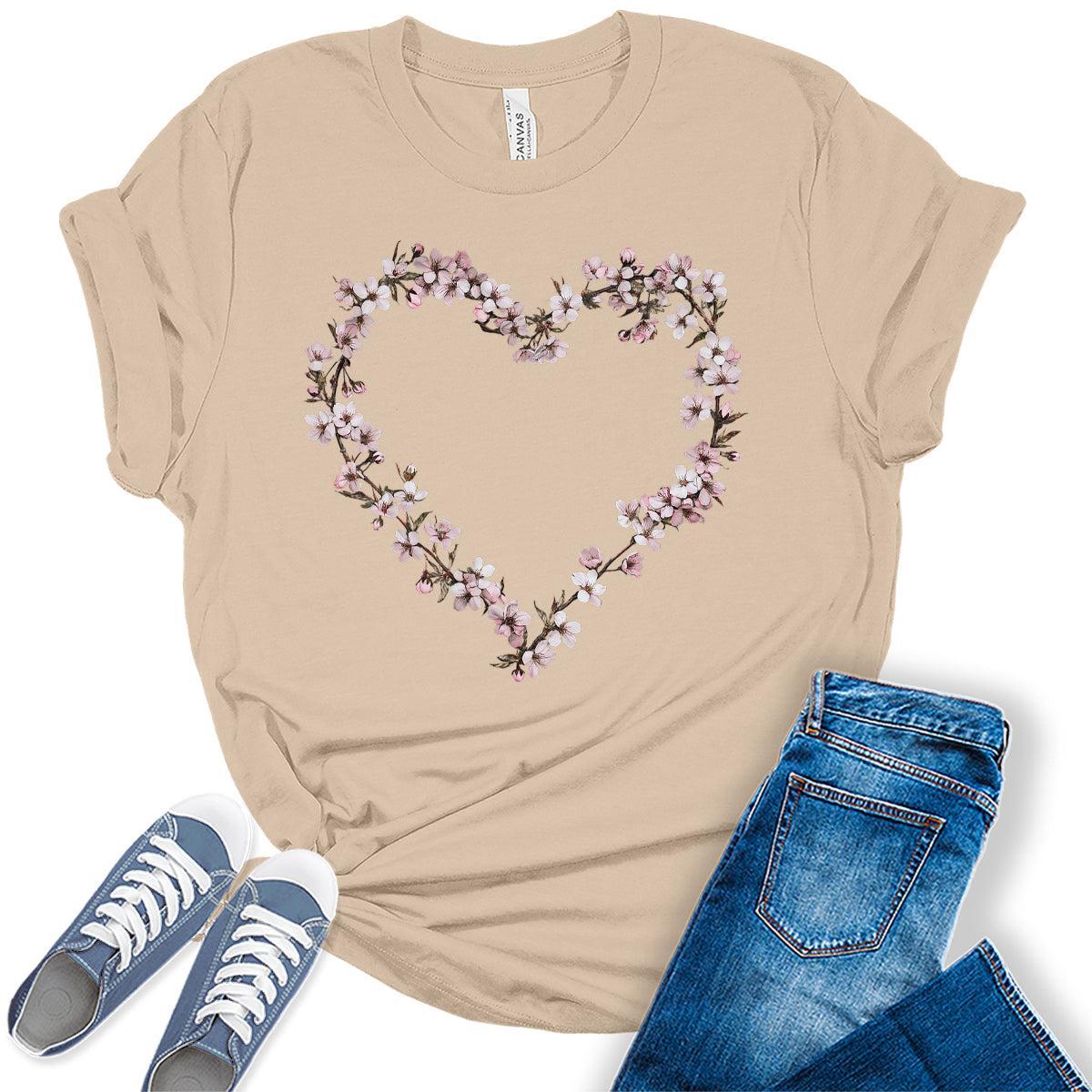 Womens Floral Shirts Cherry Blossom Heart Graphic Tees Spring Cottagecore T Shirts Bella Summer Tops