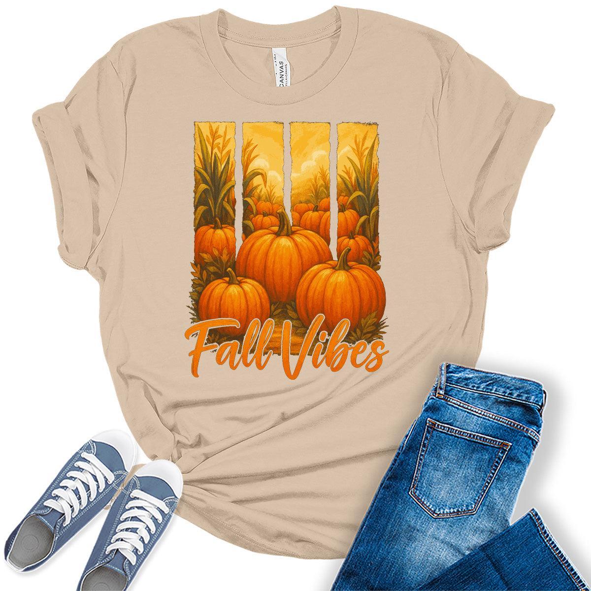 Fall Vibes Pumpkin Graphic T-Shirt for Women Vintage Thanksgiving Tees Casual Fall Shirt