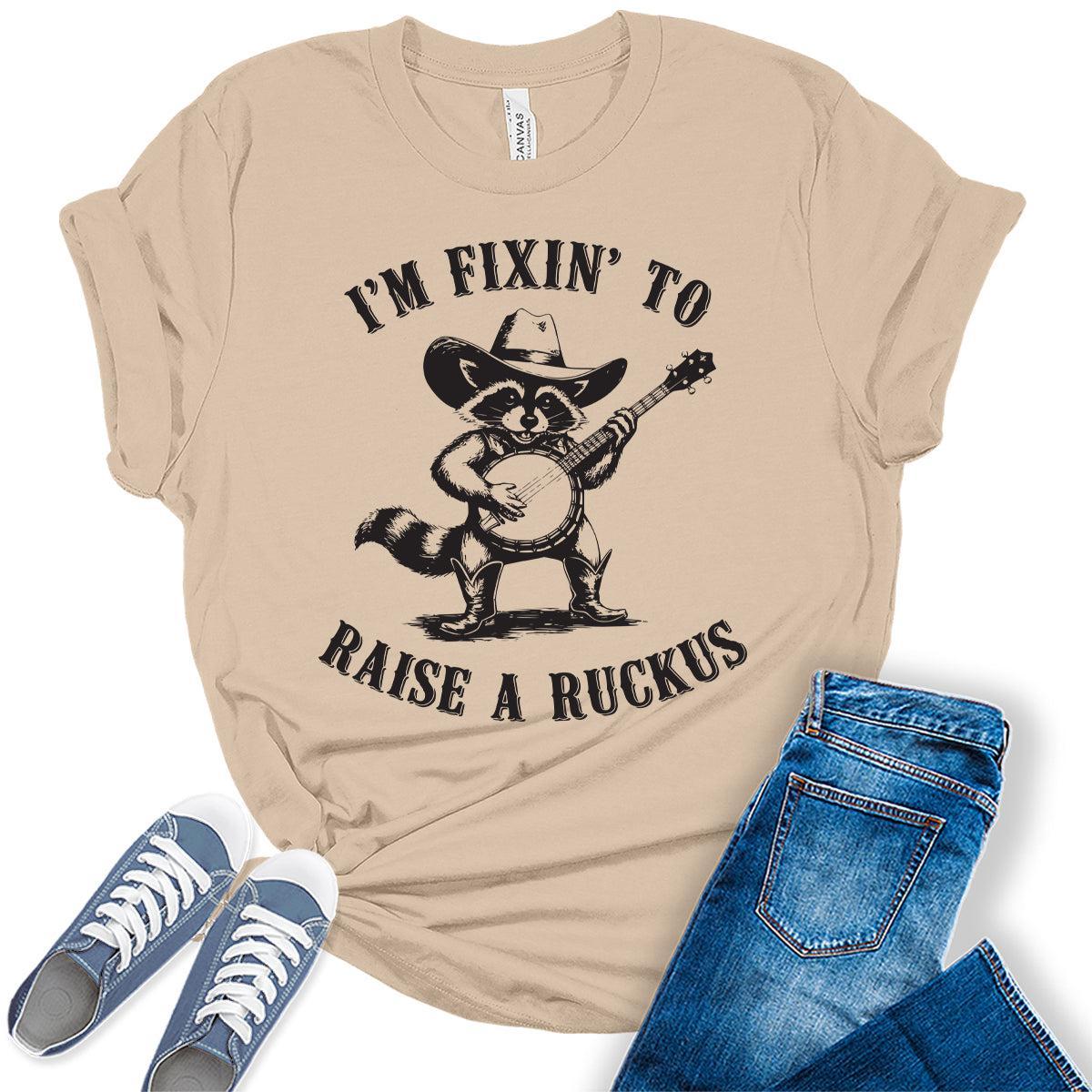 Women's Funny Raccoon Shirts For Teens Western Raise A Ruckus Graphic Tees Bella Plus Sized Tops