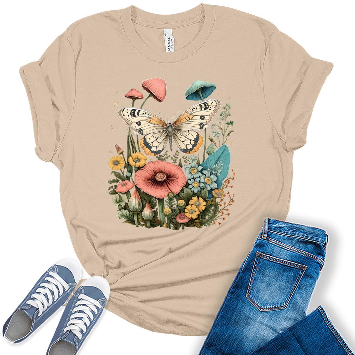 Womens Floral Shirts Wildflower Vintage Moth Moon Graphic Tees Spring Cottagecore T Shirts Bella Summer Tops