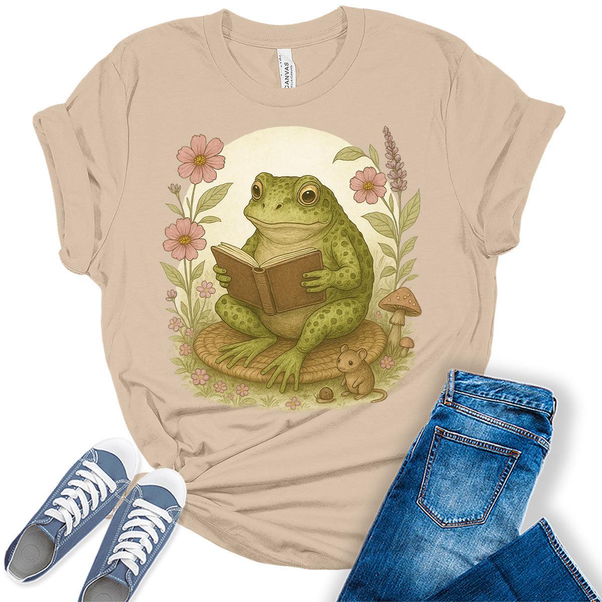 Teacher Shirt for Women Cottagecore Frog Reading Tees