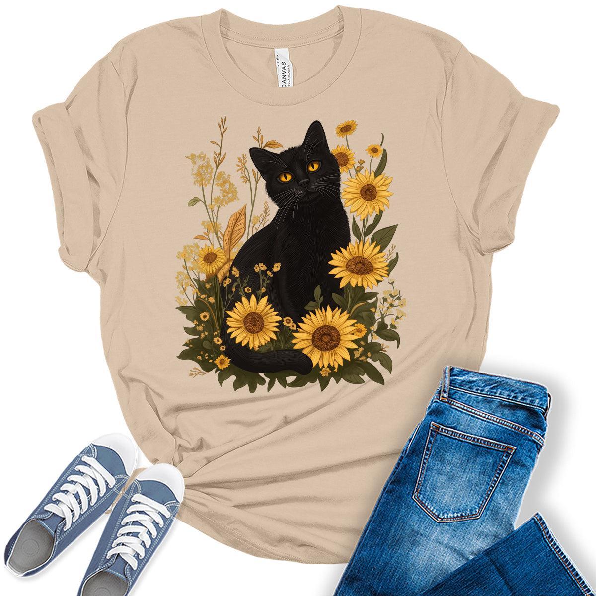 Womens Cat Shirts Sunflower Vintage Graphic Tees Spring Cottagecore T Shirts Bella Summer Tops