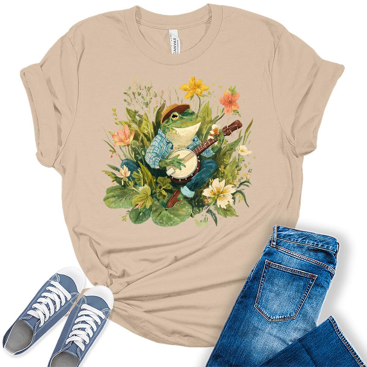 Womens Frog Shirts Wildflower Vintage Graphic Tees Spring Cottagecore T Shirts Bella Summer Tops