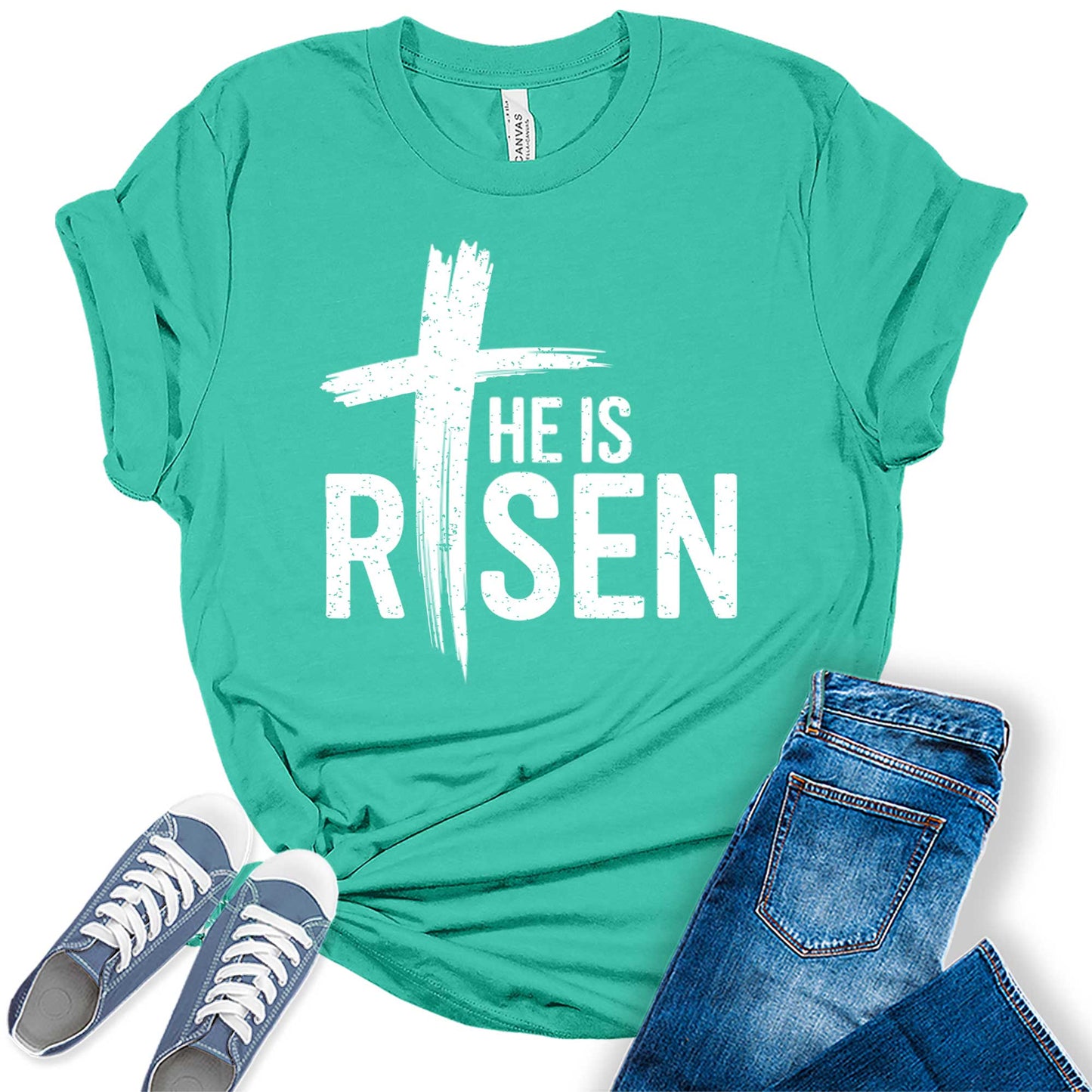 Women's He Is Risen Jesus Trendy Christian Easter Casual Graphic Tees Bella Plus Sized Tops