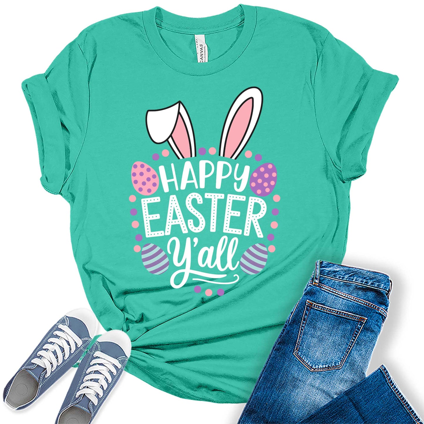 Women's Happy Easter Y'all Cute Bunny Trendy Casual Graphic Tees Bella Plus Sized Tops