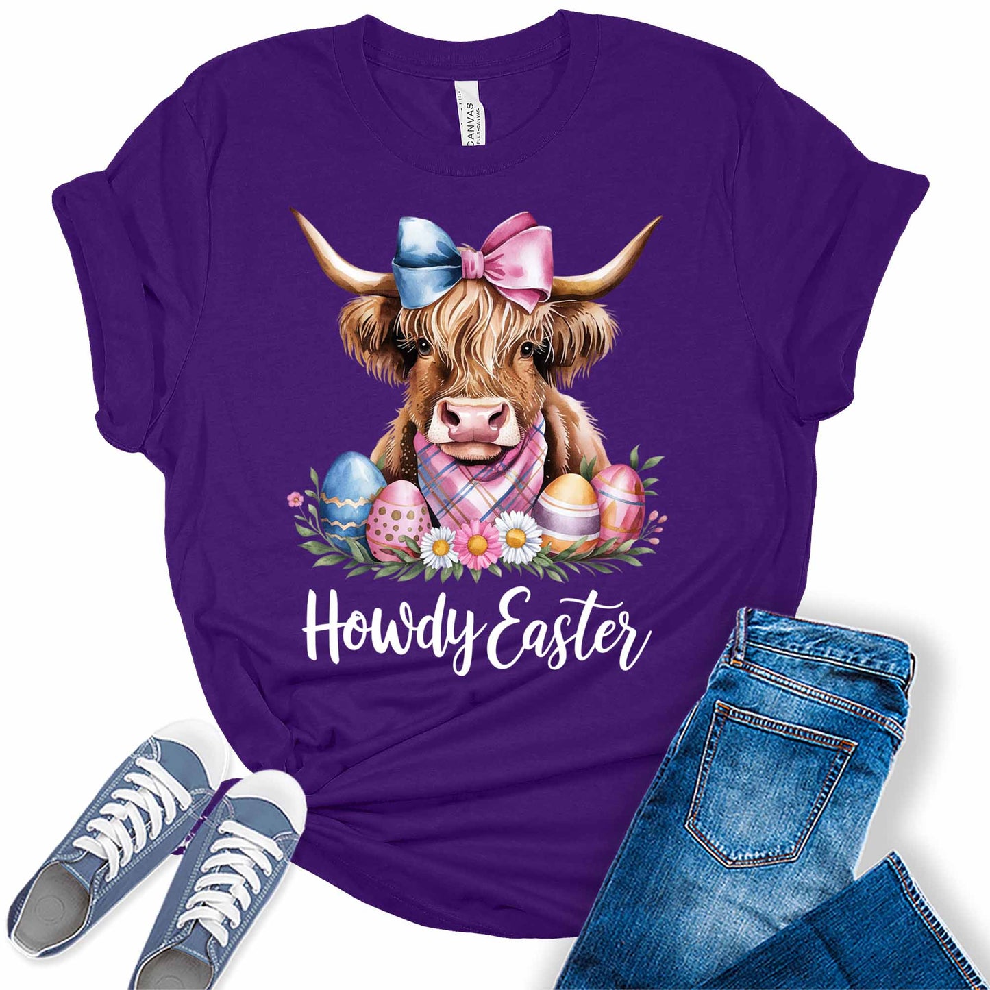 Women's Highland Cow Howdy Easter Shirt Cute Trendy Casual Graphic Tees Bella Plus Sized Tops