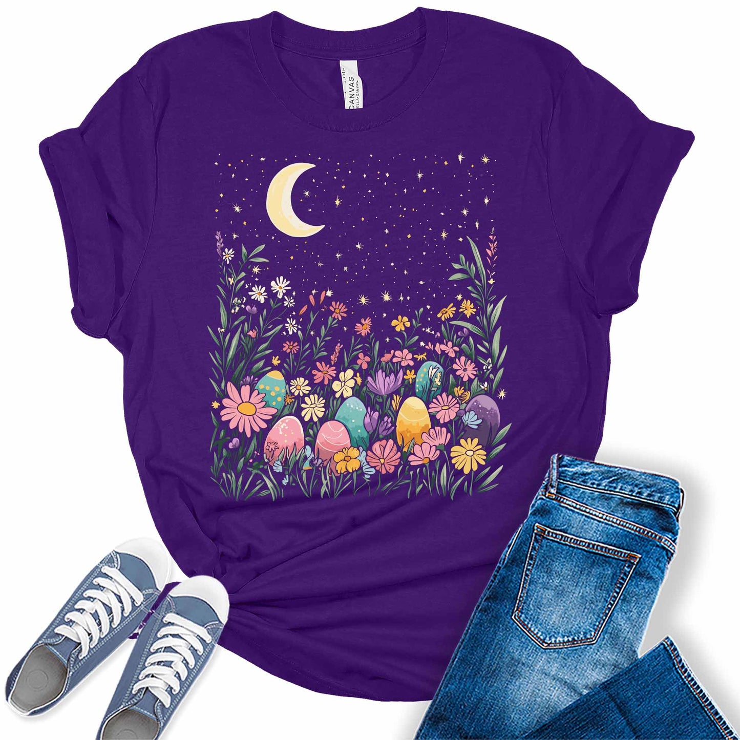 Women's Floral Easter Egg Shirts Flower Moon And Stars Night Sky Graphic Tees