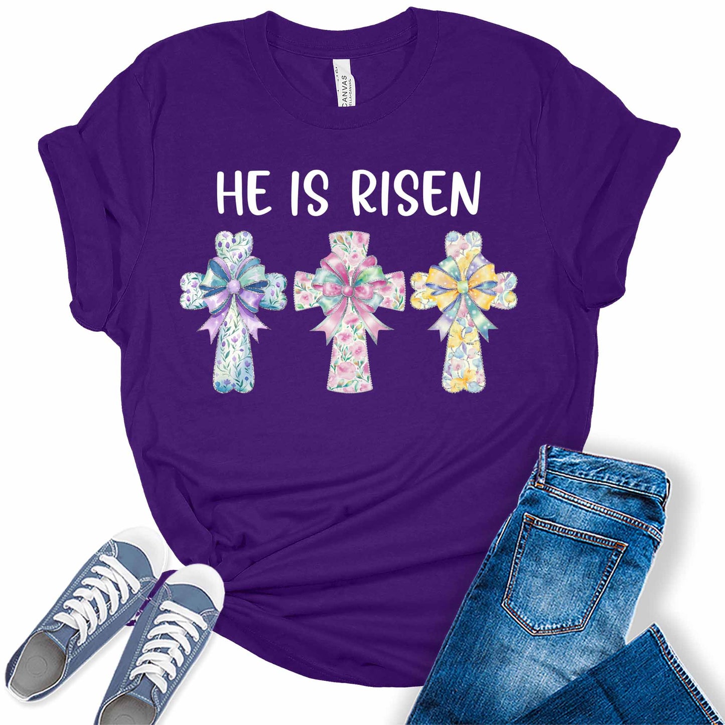 Women's Easter He Is Risen Christian Cute Trendy Casual Graphic Tees Bella Plus Sized Tops