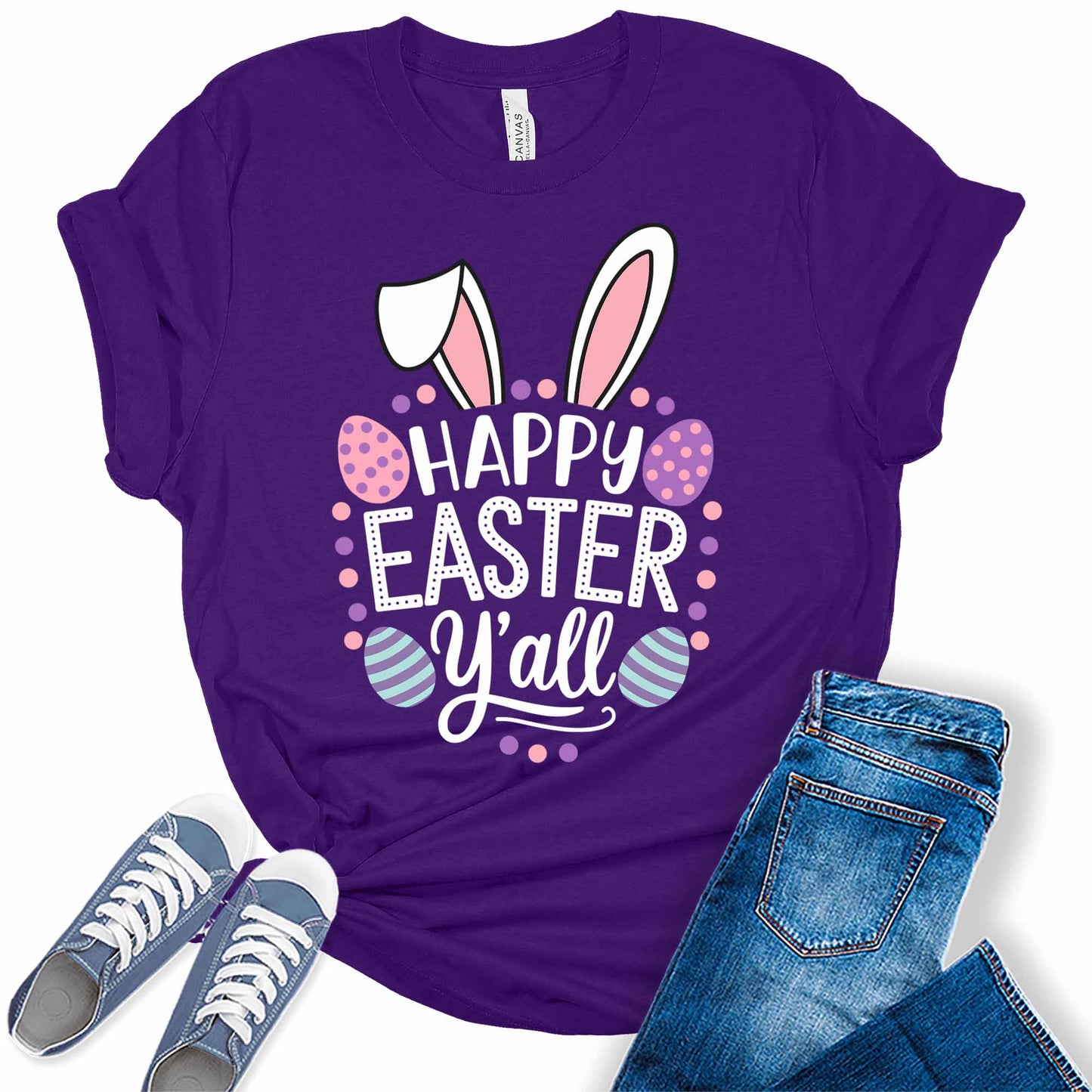 Women's Happy Easter Y'all Cute Bunny Trendy Casual Graphic Tees Bella Plus Sized Tops
