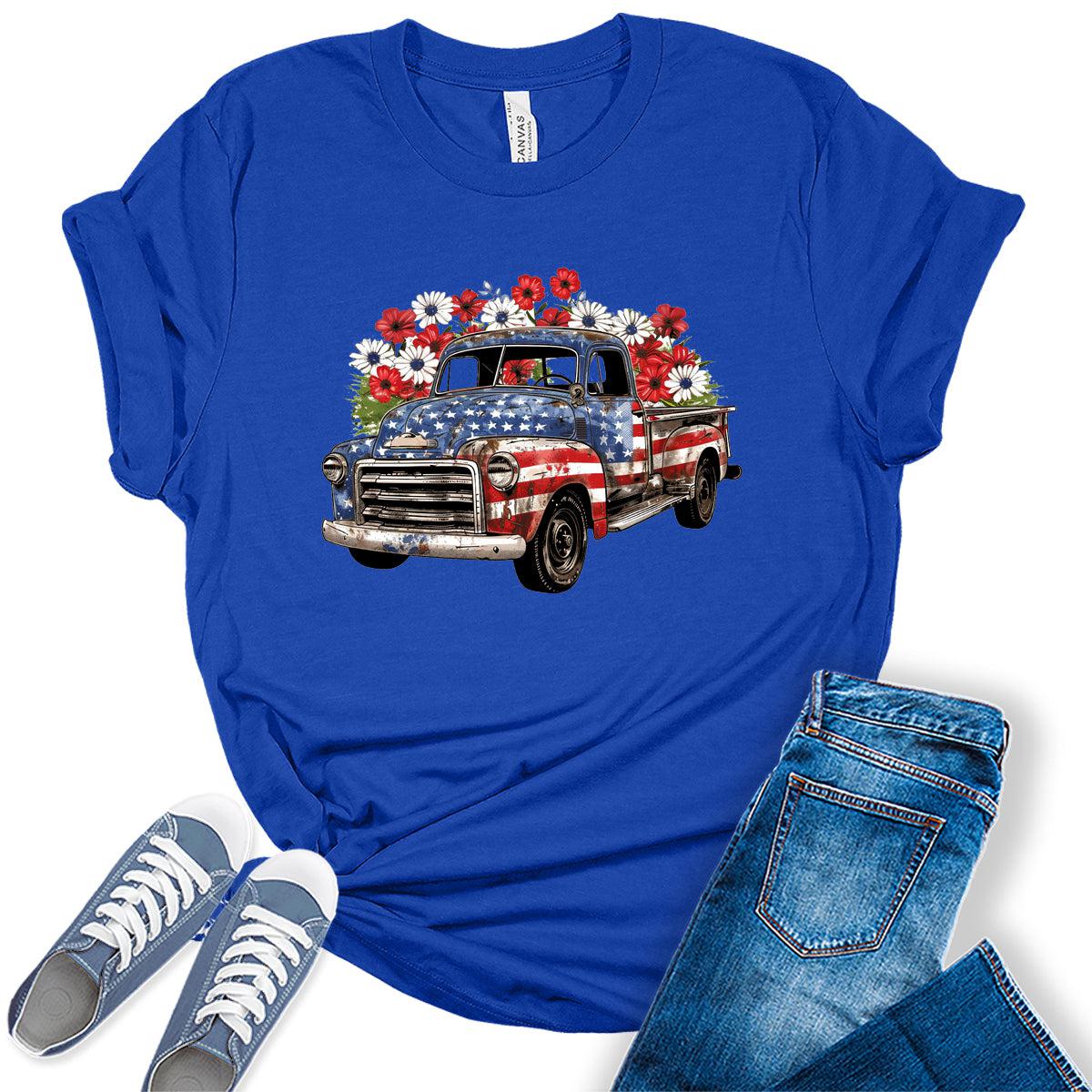 Vintage Truck Patriotic American Flag Graphic Tees for Women