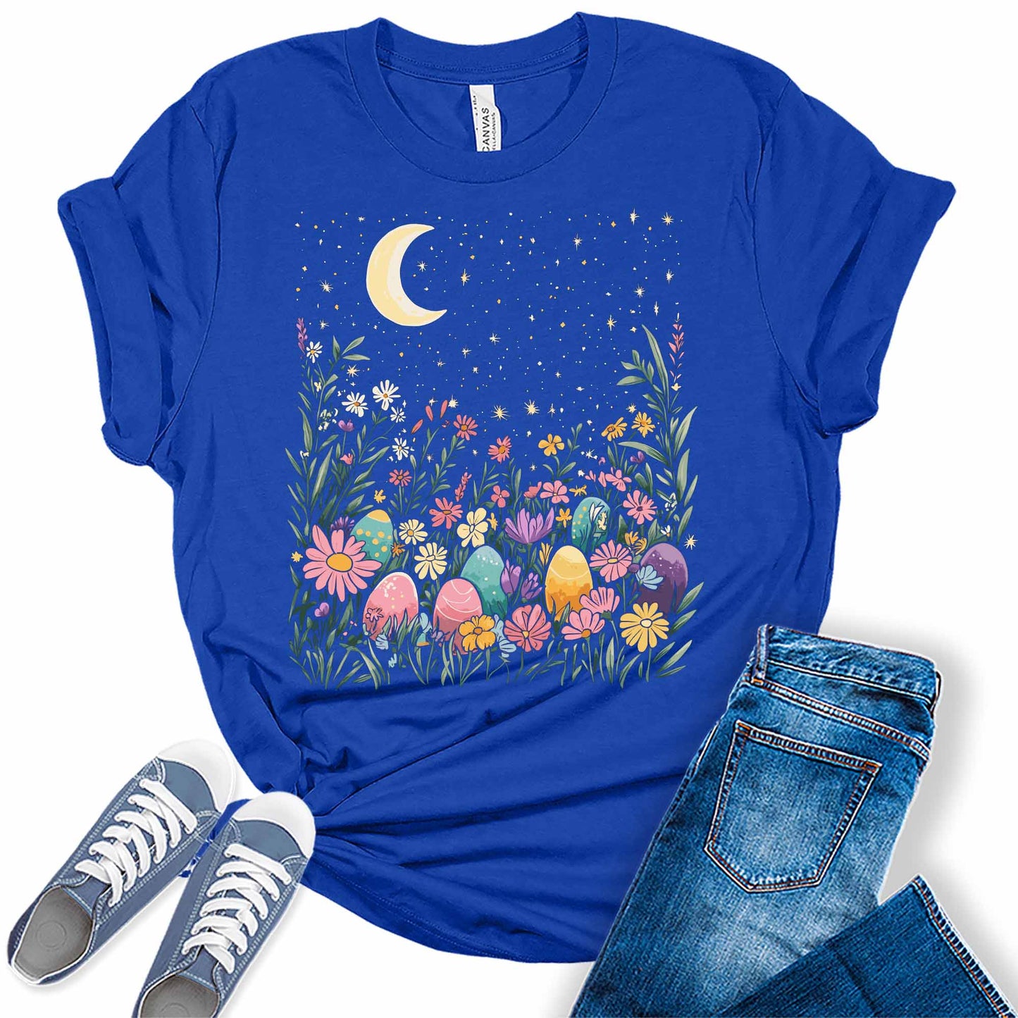 Women's Floral Easter Egg Shirts Flower Moon And Stars Night Sky Graphic Tees