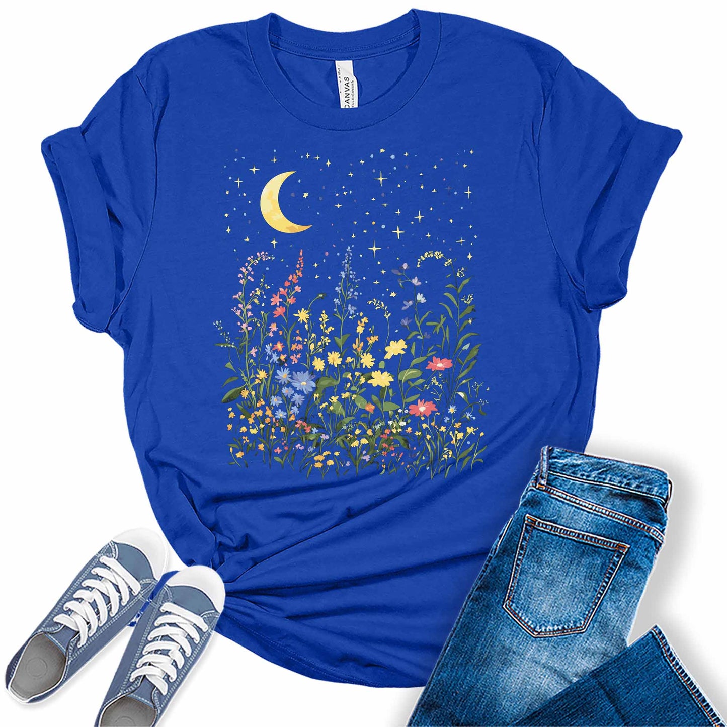 Women's Spring Floral Moon And Stars Cute Trendy Night Sky Casual Graphic Tees Bella Plus Sized Tops