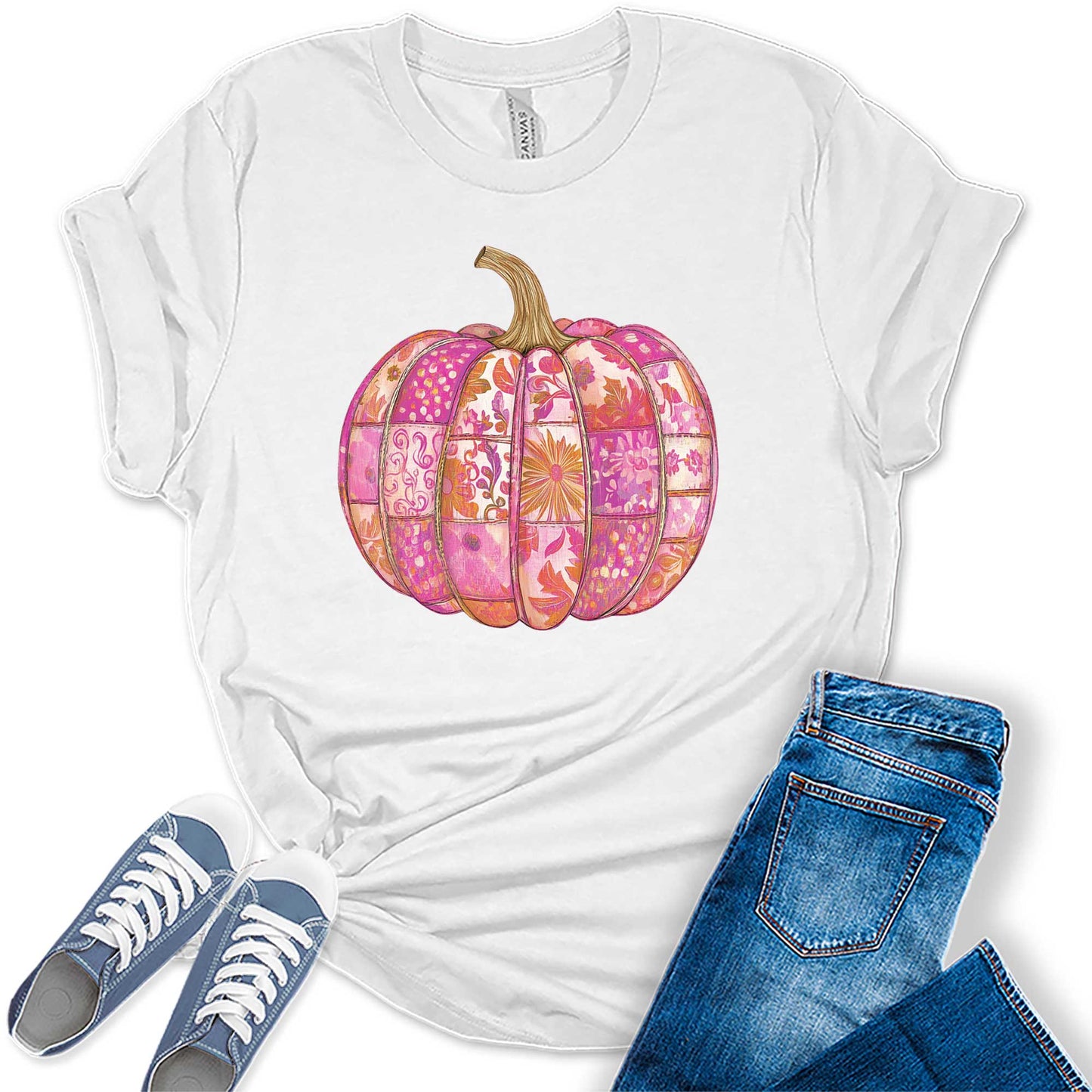 Women's Pink Pumpkin Patch Flower Fall Thanksgiving Graphic Tees