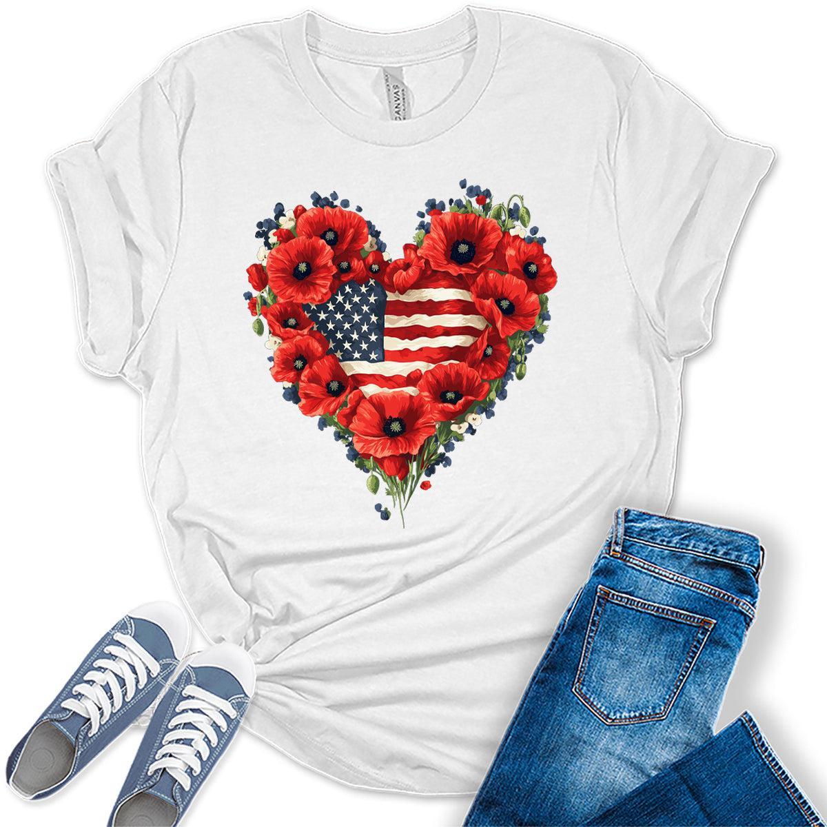 Poppies Heart 4th of July Shirts For Women Patriotic Flag Graphic Tees Floral Heart Bella Plus Sized Tops