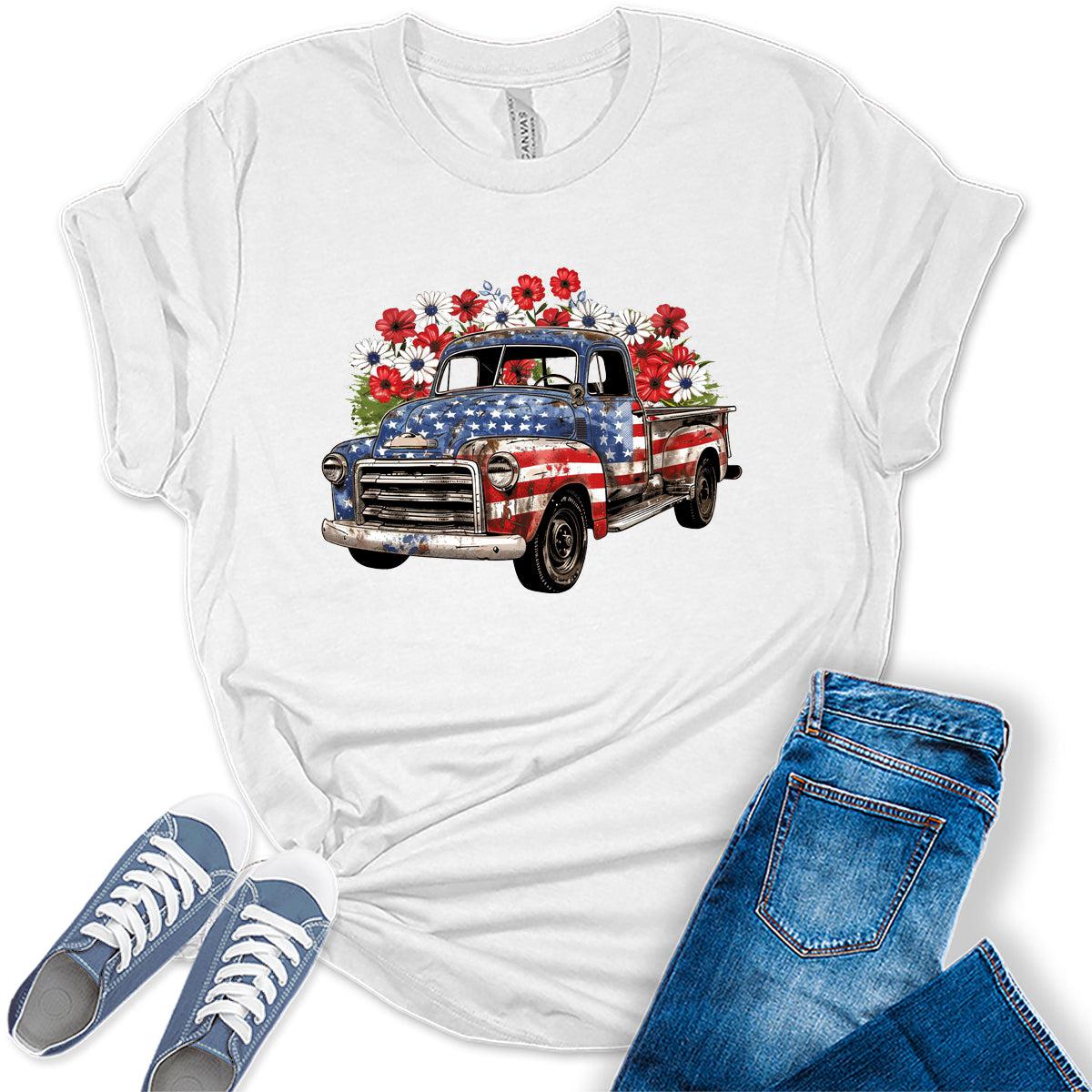 Vintage Truck Patriotic American Flag Graphic Tees for Women