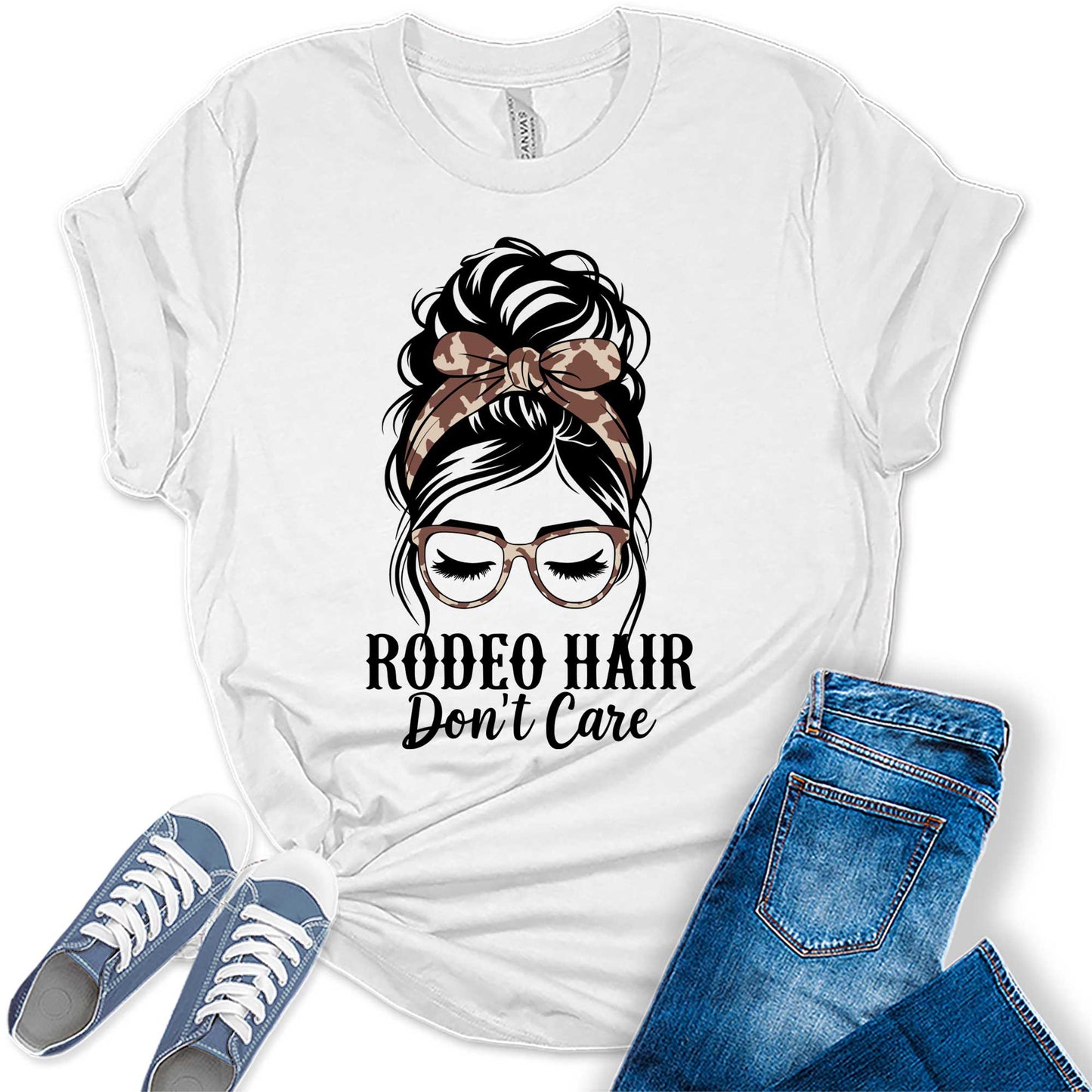 Western Outfit For Women Summer Rodeo Hair Don't Care Messy Bun Graphic Tees Bella Plus Size Tops