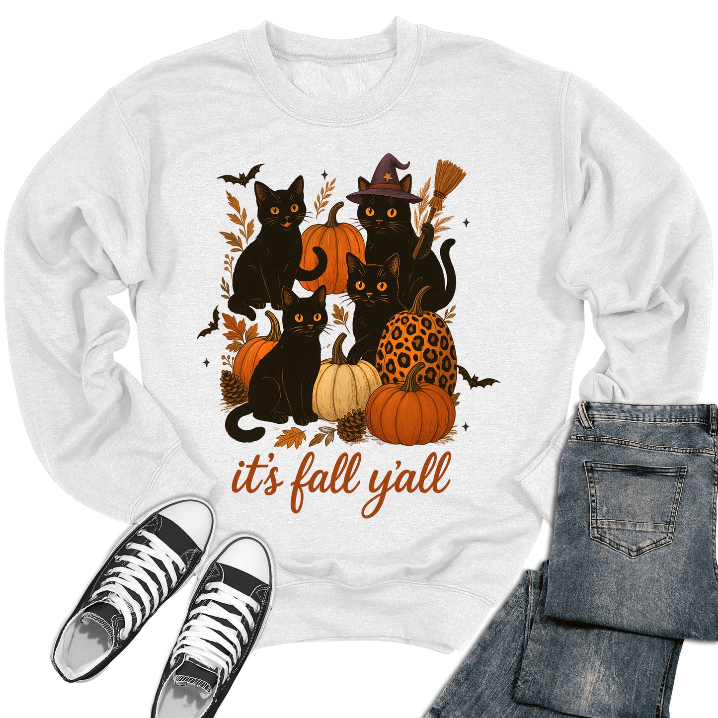Women's It's Fall Y'all Pumpkin Cat Crewneck Sweatshirt