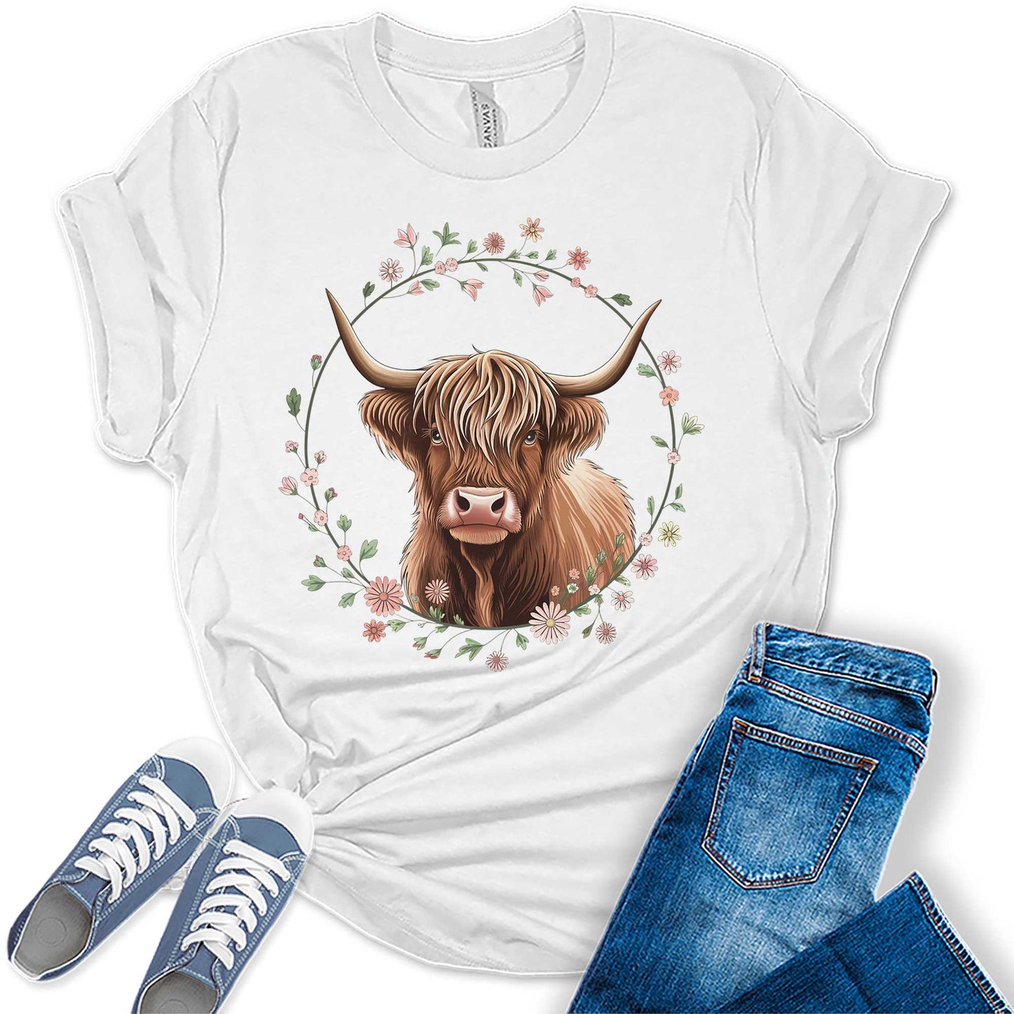 Floral Highland Cow Shirt Cute Cowgirl Tshirt Plus Size Graphic Tees for Women Short Sleeve Summer Tops