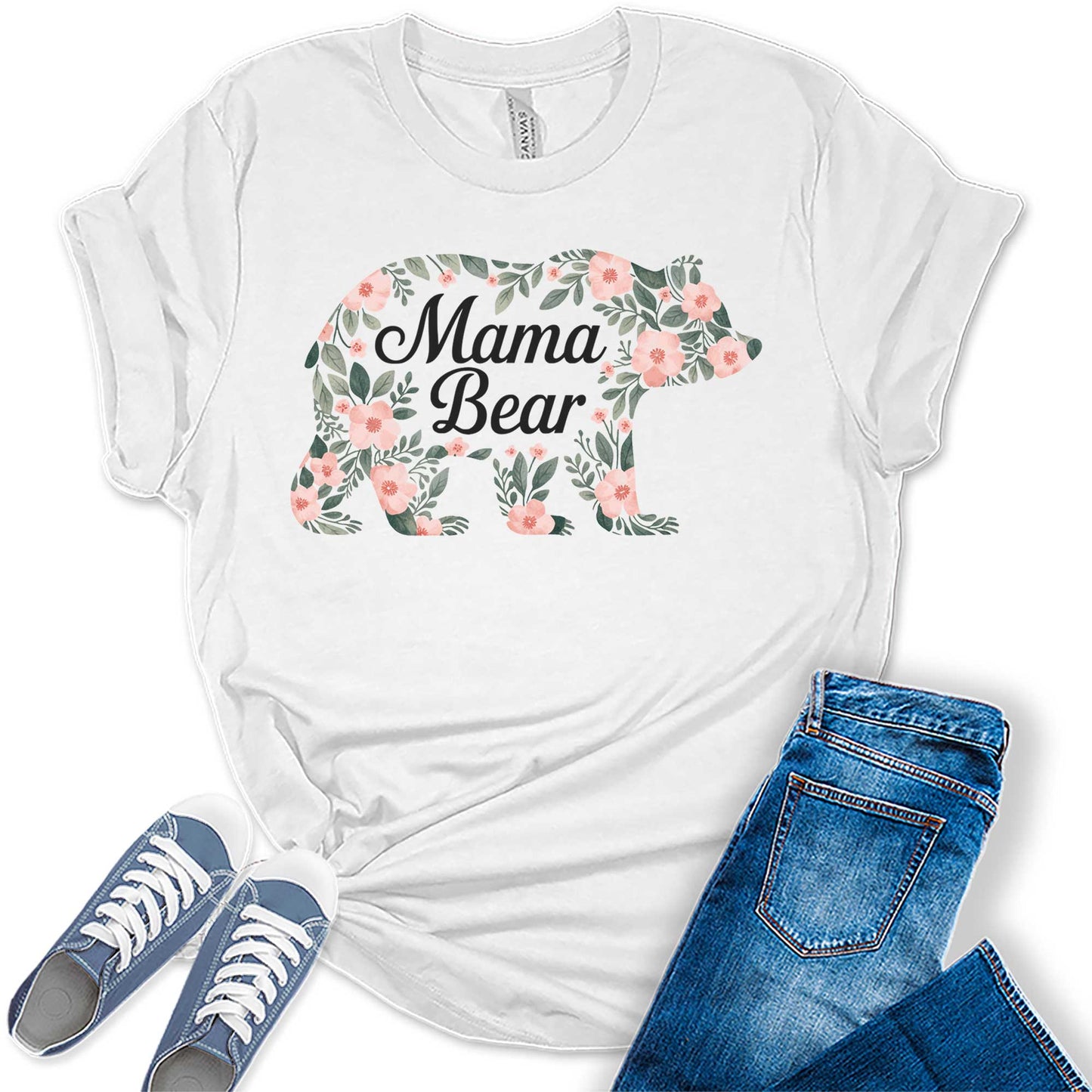 Womens Mama Shirt Mom Floral Bear Casual Graphic Tees Bella Plus Sized Tops
