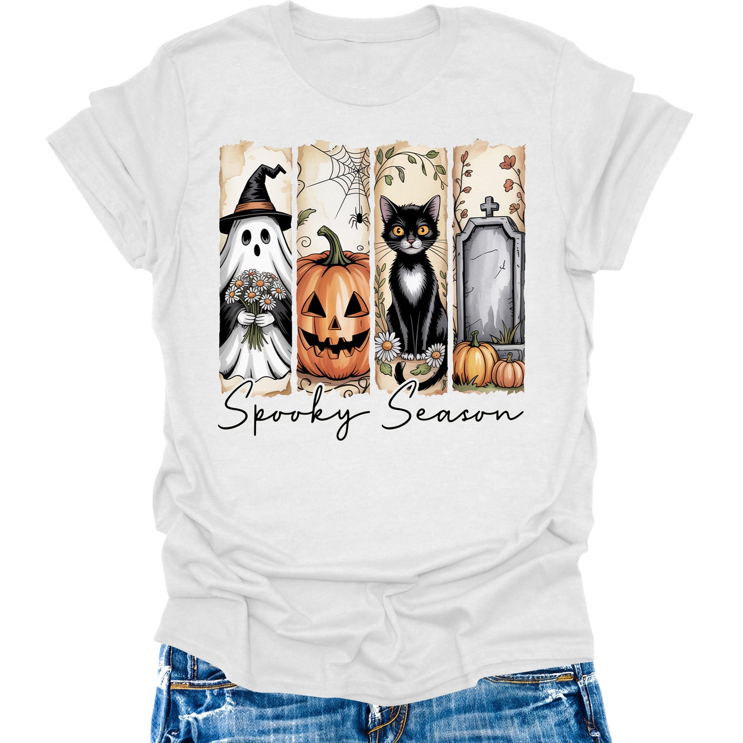 Halloween Spooky Season Shirts Womens Fall T-Shirts Cute Graphic Tees Thanksgiving Tops