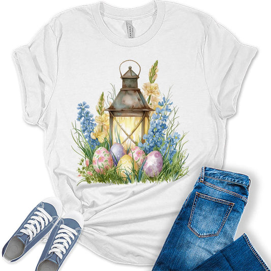 Easter Egg Lantern Shirt Cute Floral Graphic Tee for Women