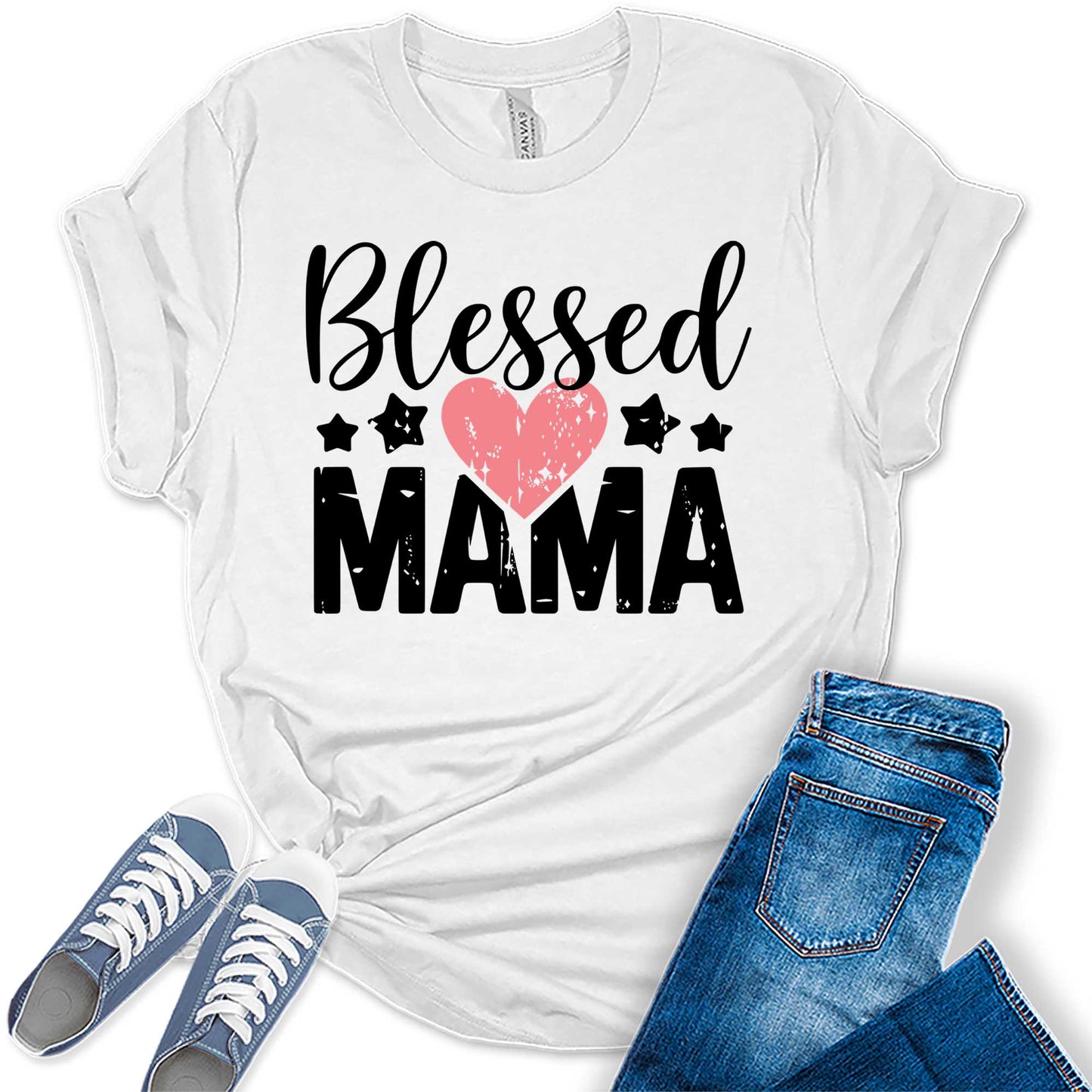 Women's Blessed Mama Shirt Mom Women Mother's Day T-Shirt Heart Casual Graphic Tees Bella Plus Sized Tops