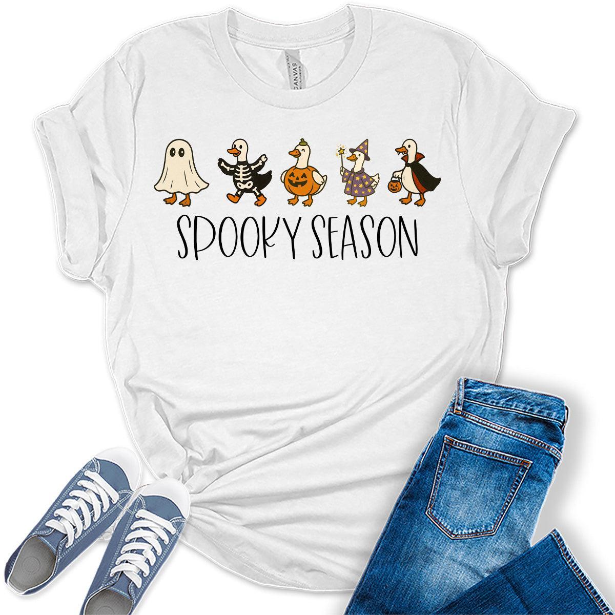 Vintage Spooky Season T Shirt Funny Goose Graphic Tee Casual Halloween Fall Shirt