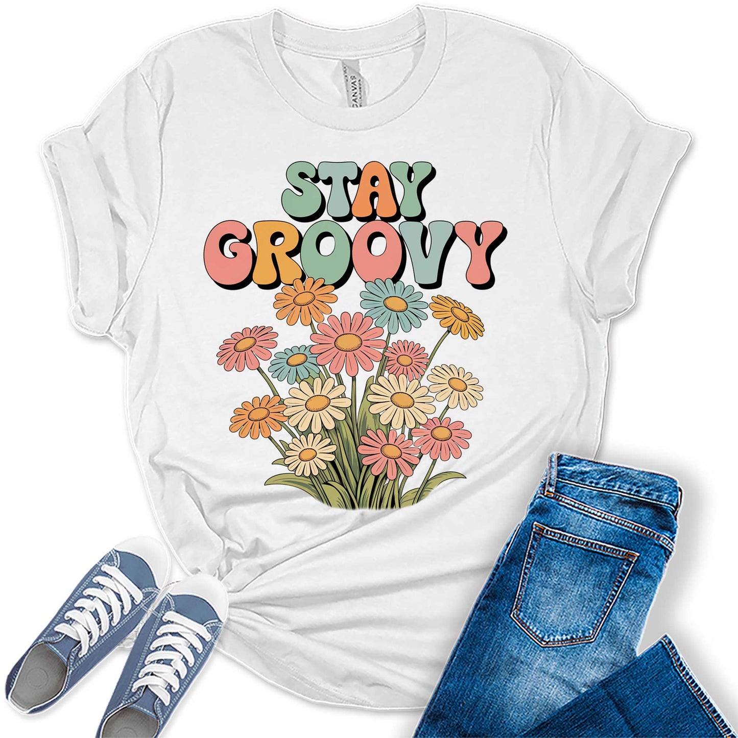 Women's Retro Stay Groovy Shirt Casual 70s Hippie Graphic Tees Bella Plus Sized Tops