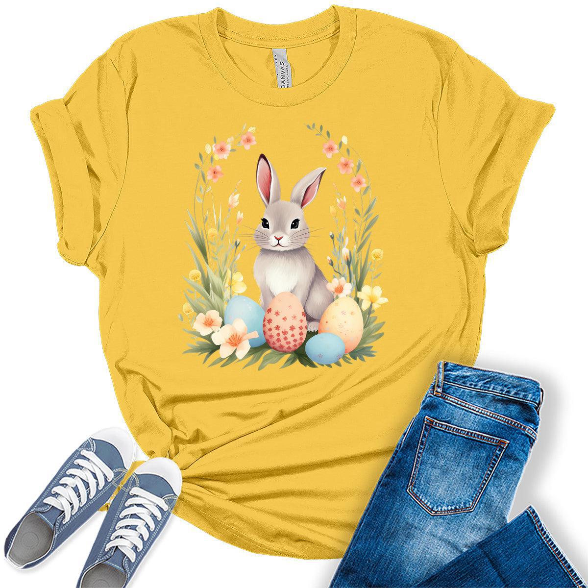 Women's Easter Shirts Bunny Eggs Cute Trendy Casual Graphic Tees Bella Plus Sized Tops