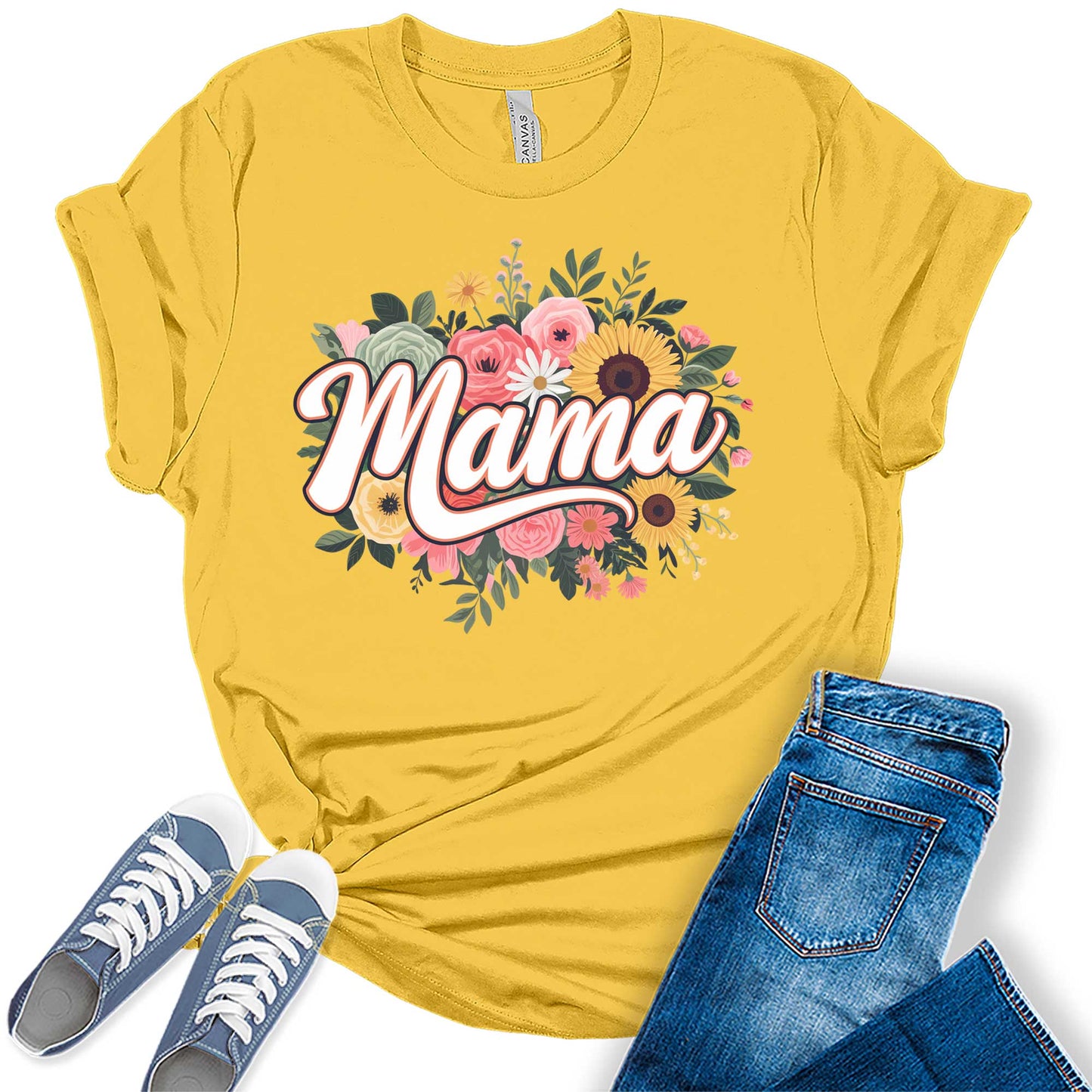 Women's Retro Mama Floral Casual Graphic Tees Bella Plus Sized Tops